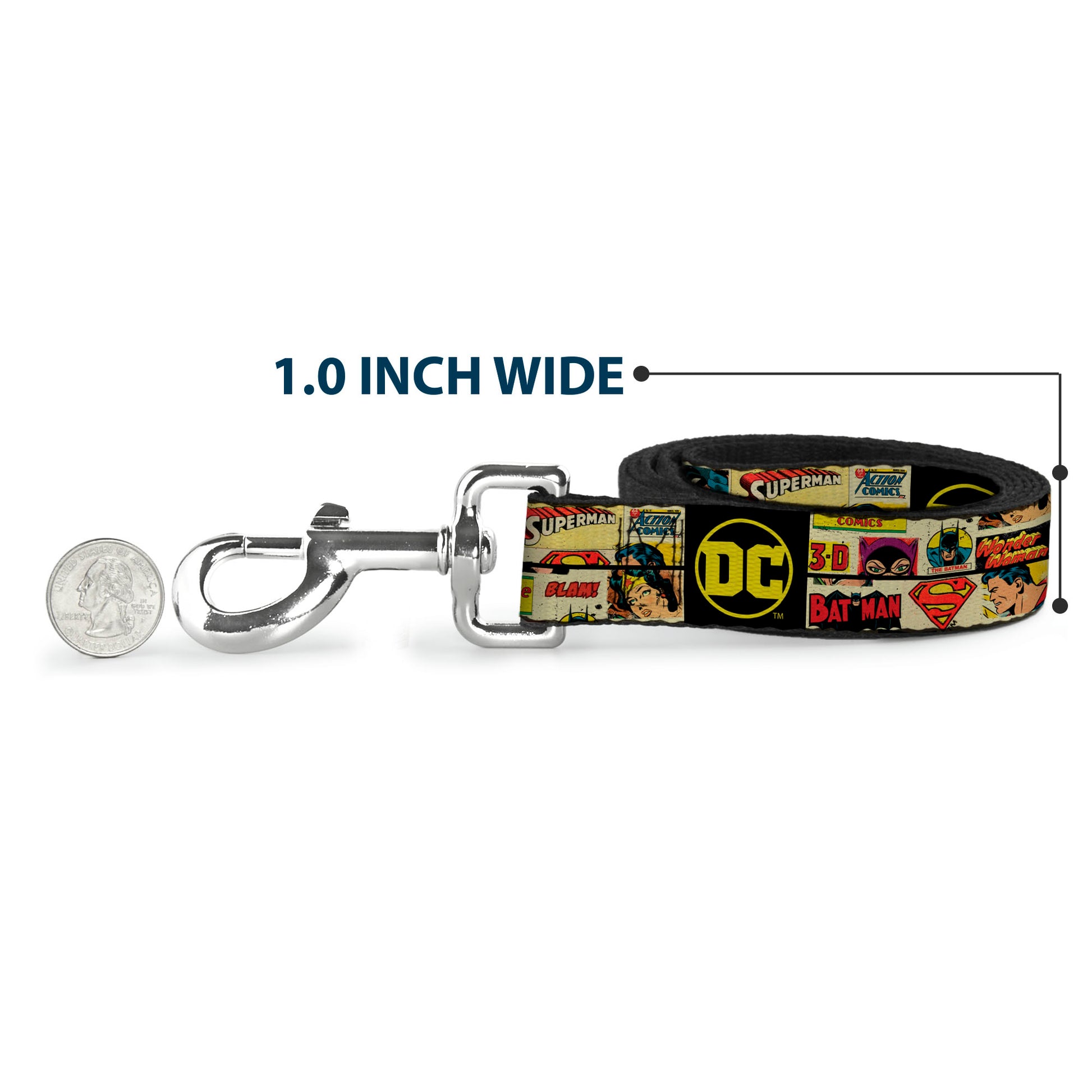 Dog Leash - Vintage DC Comics Superhero and Logos Collage Black Dog Leashes DC Comics