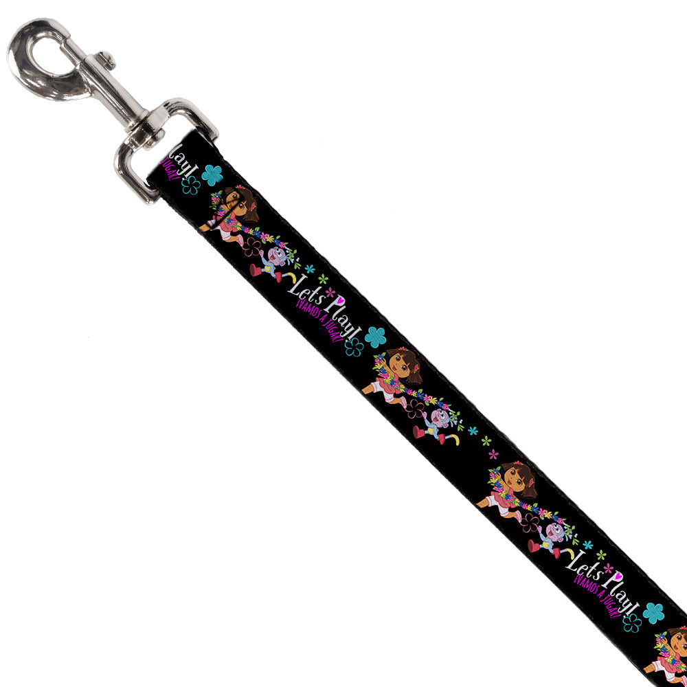 Dog Leash - Dora & Boots Pose/Floral LET'S PLAY!/VAMOS A JUGAR! Black/White/Multi Color Dog Leashes Dora the Explorer