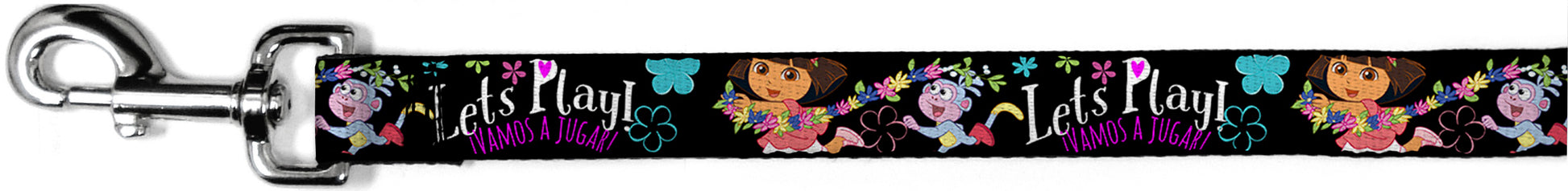 Dog Leash - Dora & Boots Pose/Floral LET'S PLAY!/VAMOS A JUGAR! Black/White/Multi Color Dog Leashes Dora the Explorer