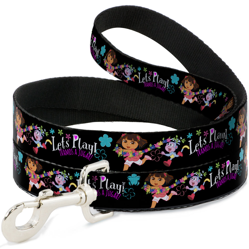 Dog Leash - Dora & Boots Pose/Floral LET'S PLAY!/VAMOS A JUGAR! Black/White/Multi Color Dog Leashes Dora the Explorer