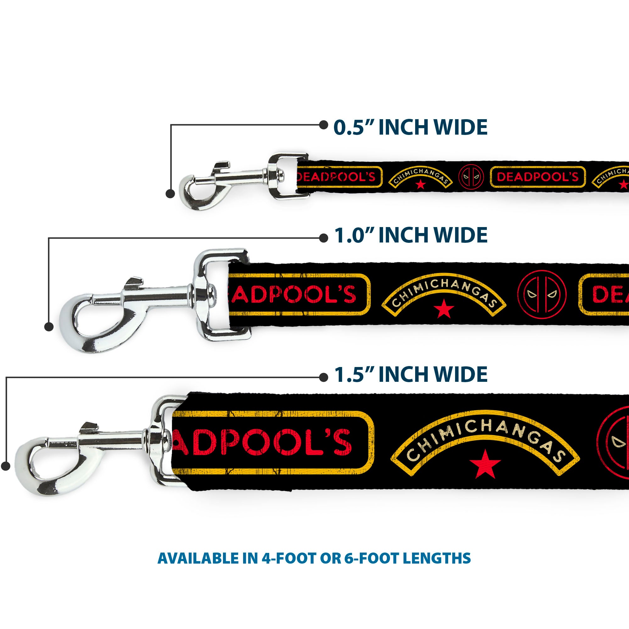 Dog Leash - DEADPOOL'S CHIMICHANGAS and Logo Black/Gold/Red Dog Leashes Marvel Comics
