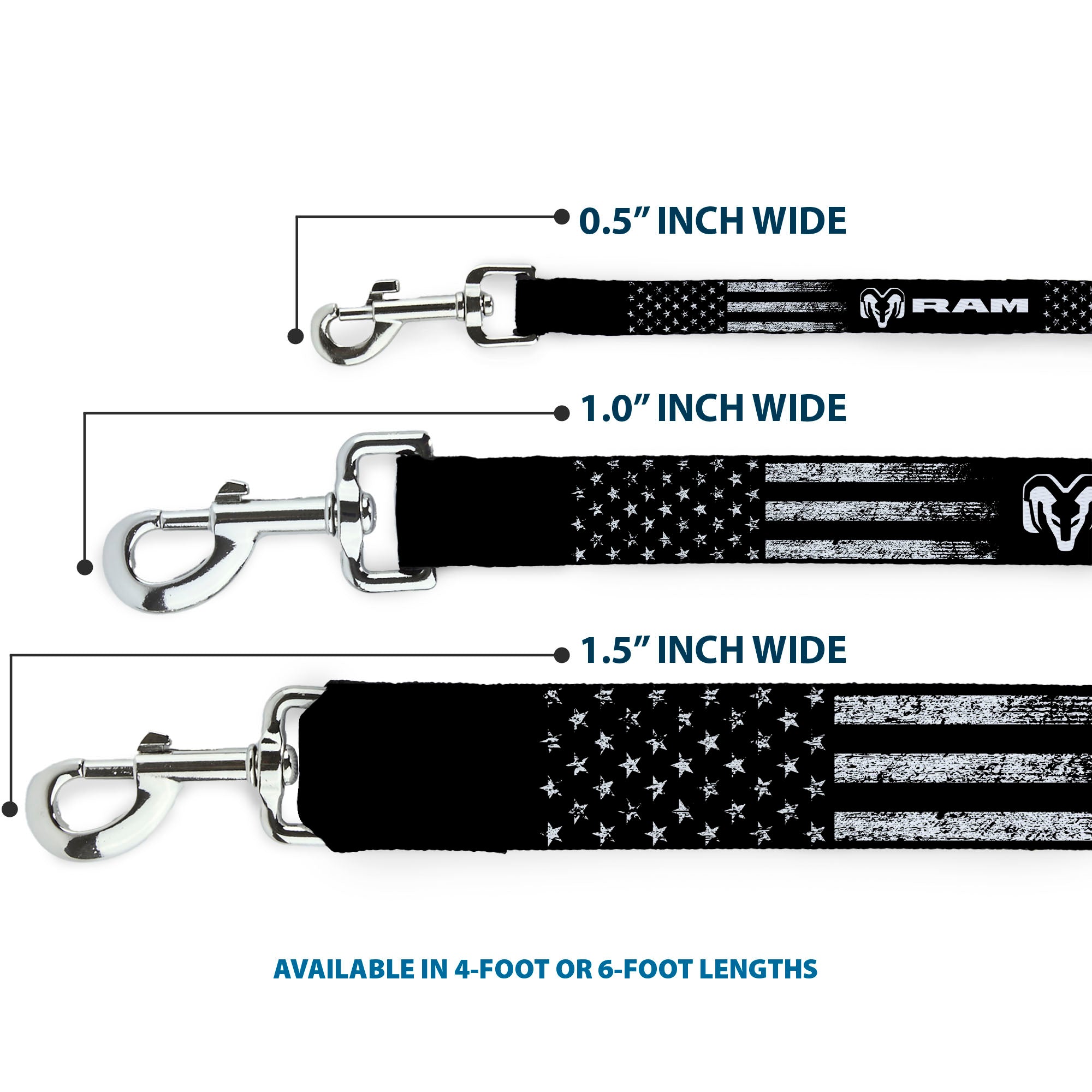 Dog Leash - RAM Text and Logo Americana Weathered Black/White Dog Leashes Ram