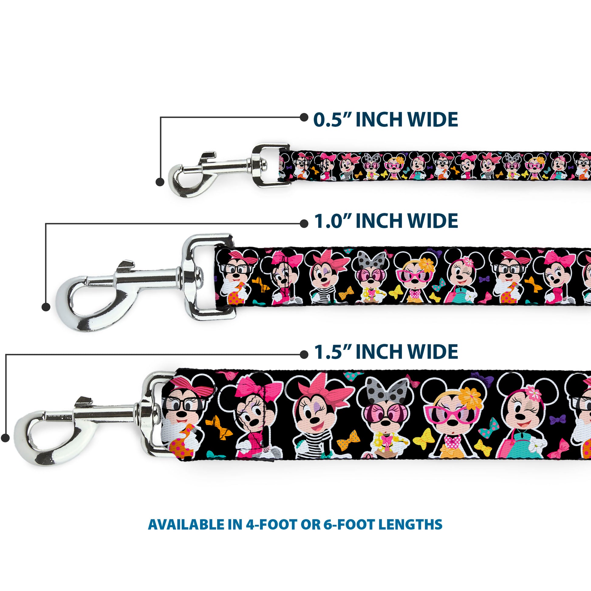 Dog Leash - Mini Minnie Expressions/Bows Black/Multi Color Dog Leashes Disney