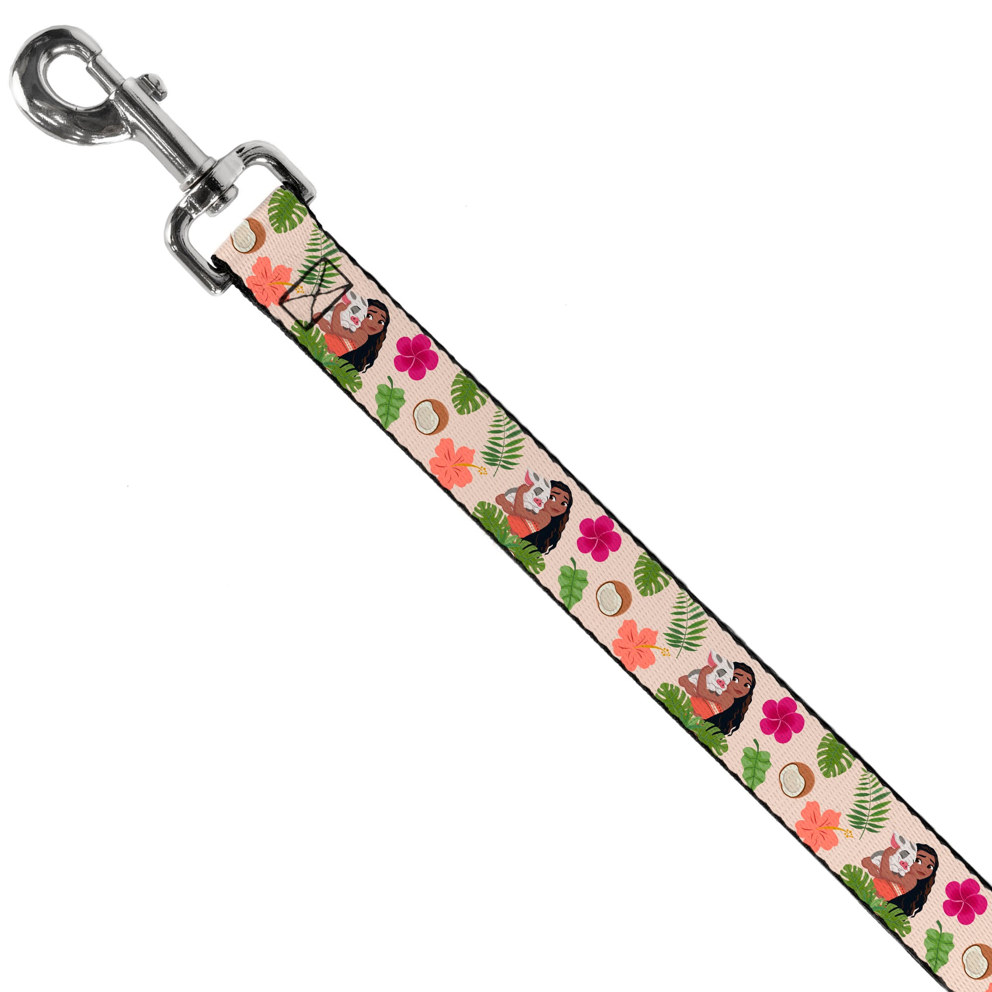 Dog Leash - Moana Hugging Pua Pose and Tropical Flora Beige Dog Leashes Disney