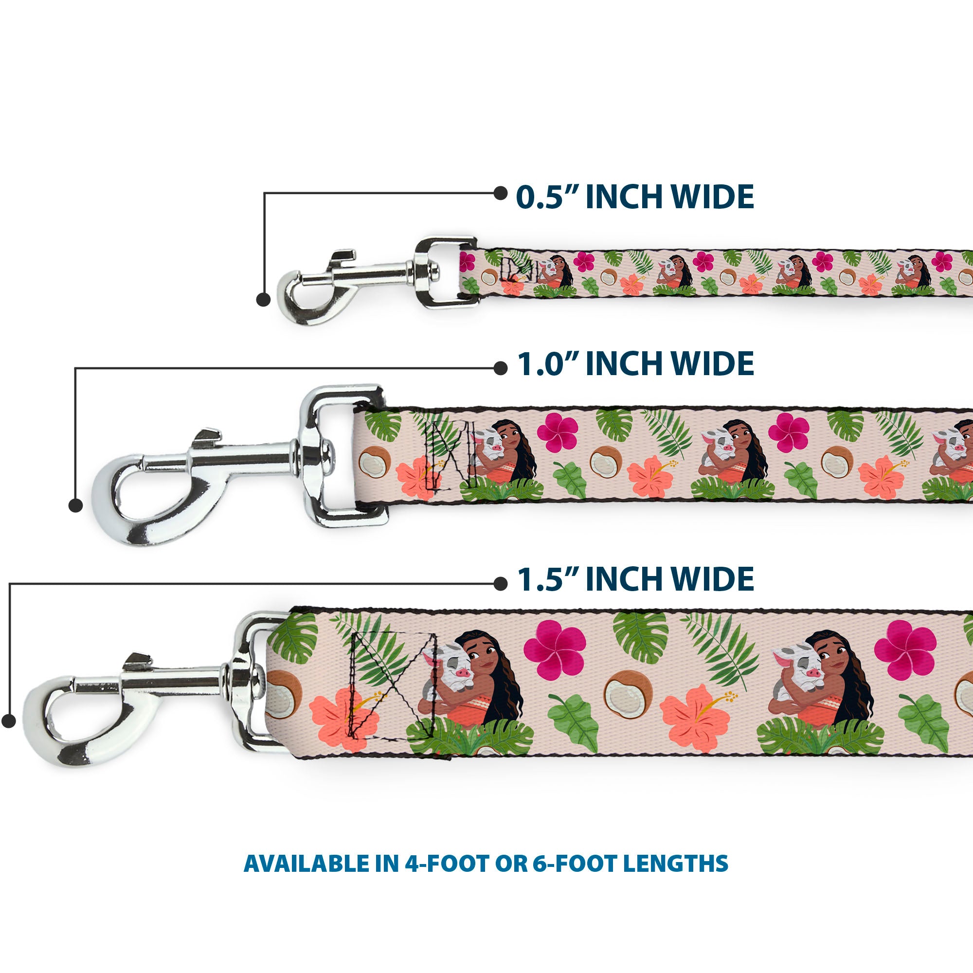 Dog Leash - Moana Hugging Pua Pose and Tropical Flora Beige Dog Leashes Disney