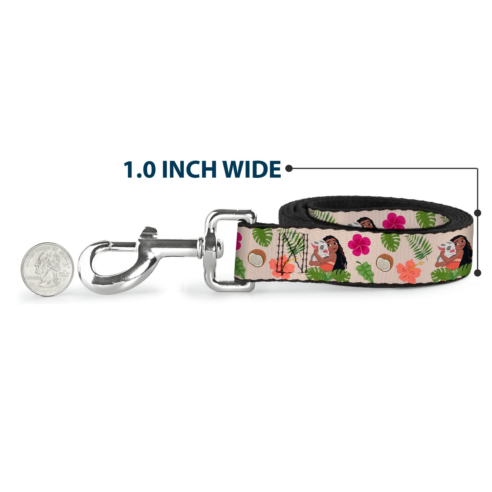 Dog Leash - Moana Hugging Pua Pose and Tropical Flora Beige Dog Leashes Disney