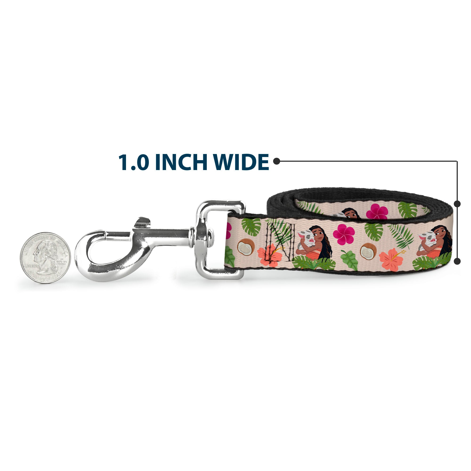 Dog Leash - Moana Hugging Pua Pose and Tropical Flora Beige Dog Leashes Disney