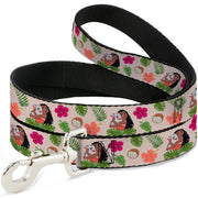 Dog Leash - Moana Hugging Pua Pose and Tropical Flora Beige Dog Leashes Disney