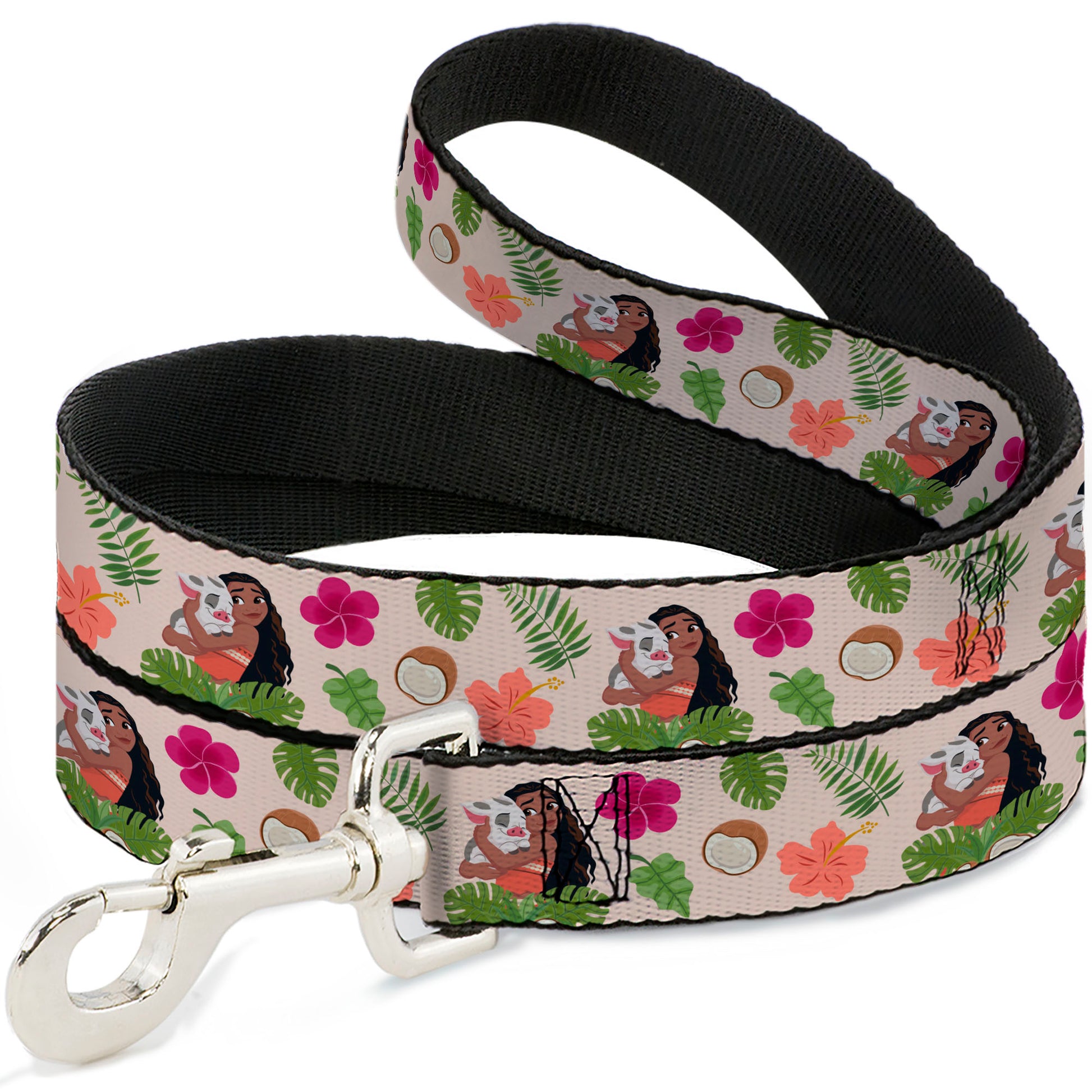 Dog Leash - Moana Hugging Pua Pose and Tropical Flora Beige Dog Leashes Disney