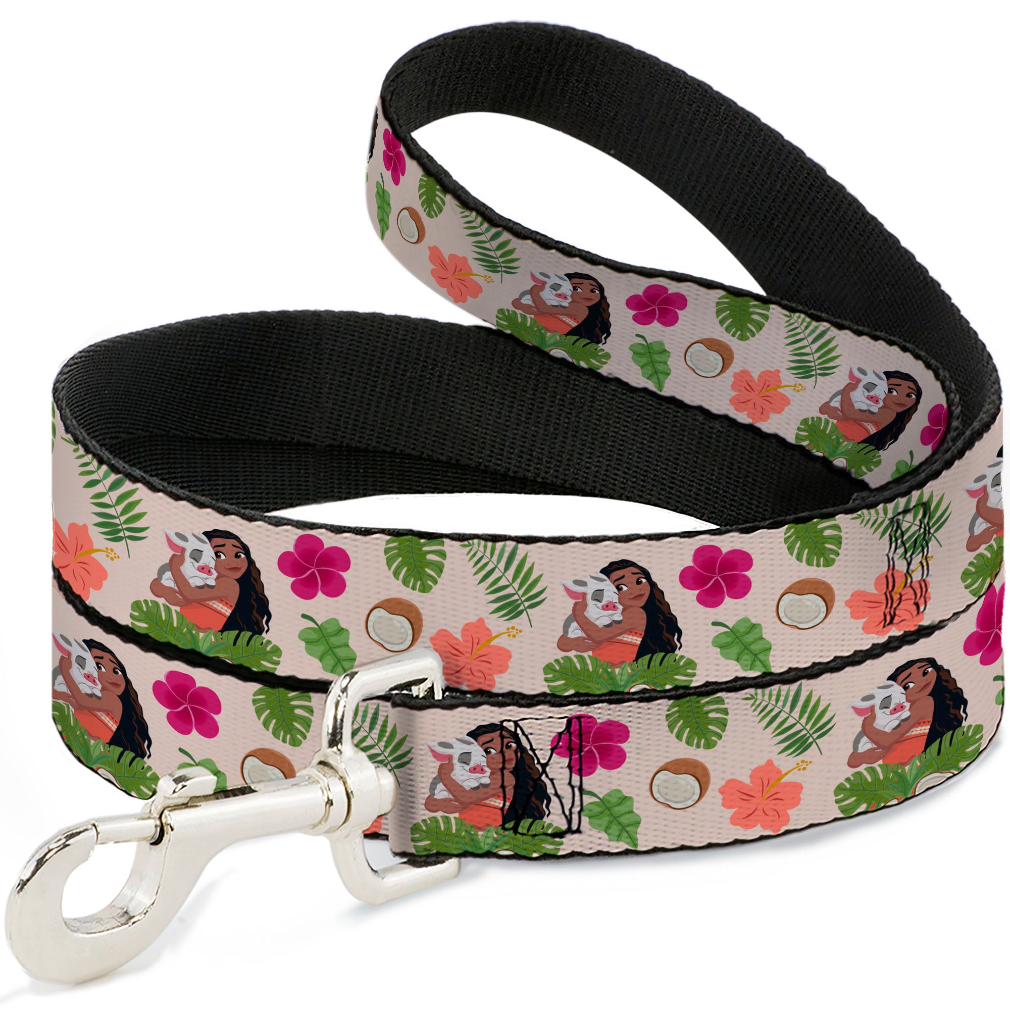Dog Leash - Moana Hugging Pua Pose and Tropical Flora Beige Dog Leashes Disney