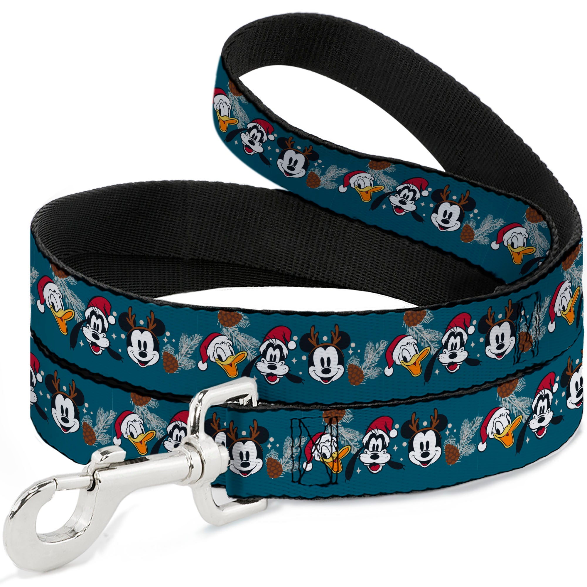 Dog Leash - Christmas Holiday Donald Goofy and Mickey Faces and Pine Cones Blue Dog Leashes Disney