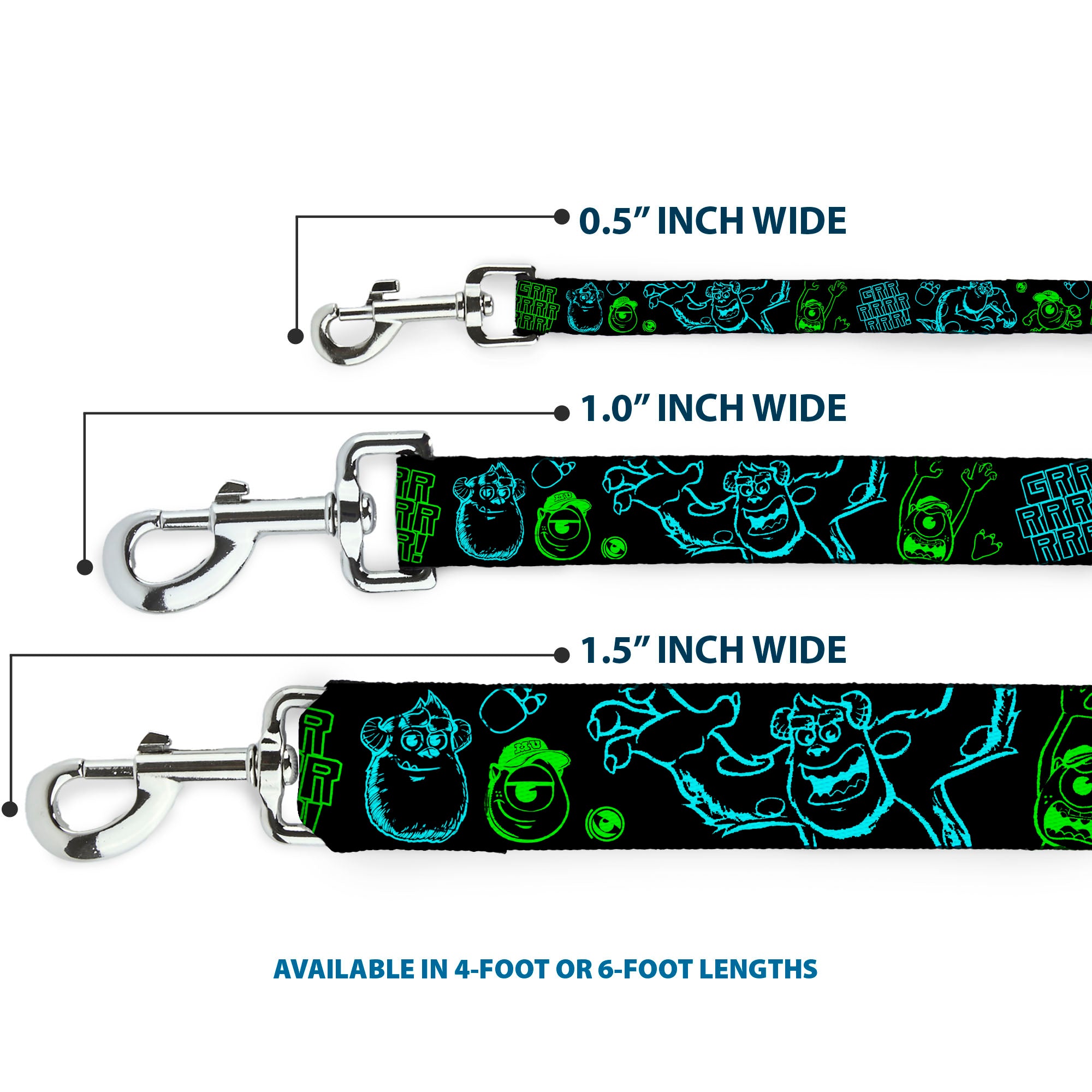 Dog Leash - Monsters Inc. Sully & Mike Poses/GRRRRR! Black/Turquoise/Green Dog Leashes Disney