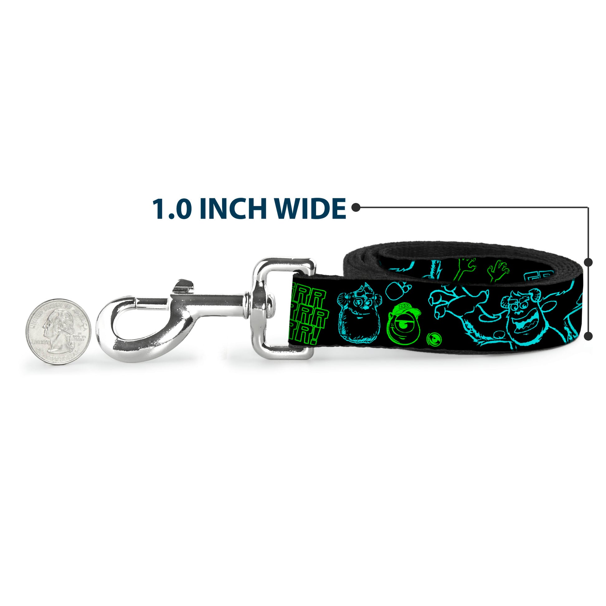 Dog Leash - Monsters Inc. Sully & Mike Poses/GRRRRR! Black/Turquoise/Green Dog Leashes Disney