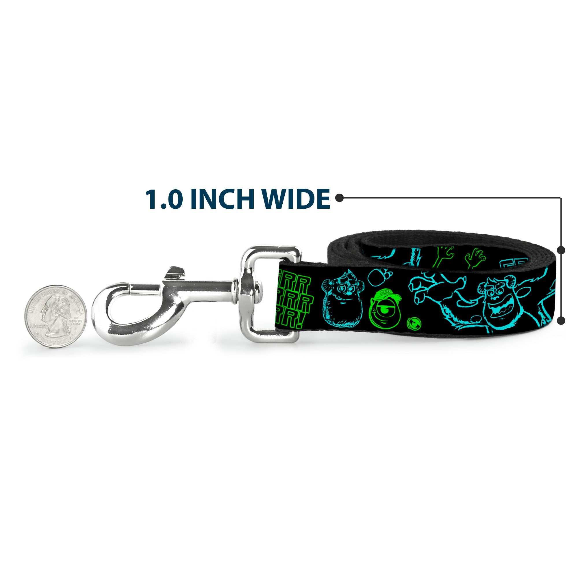 Dog Leash - Monsters Inc. Sully & Mike Poses/GRRRRR! Black/Turquoise/Green Dog Leashes Disney