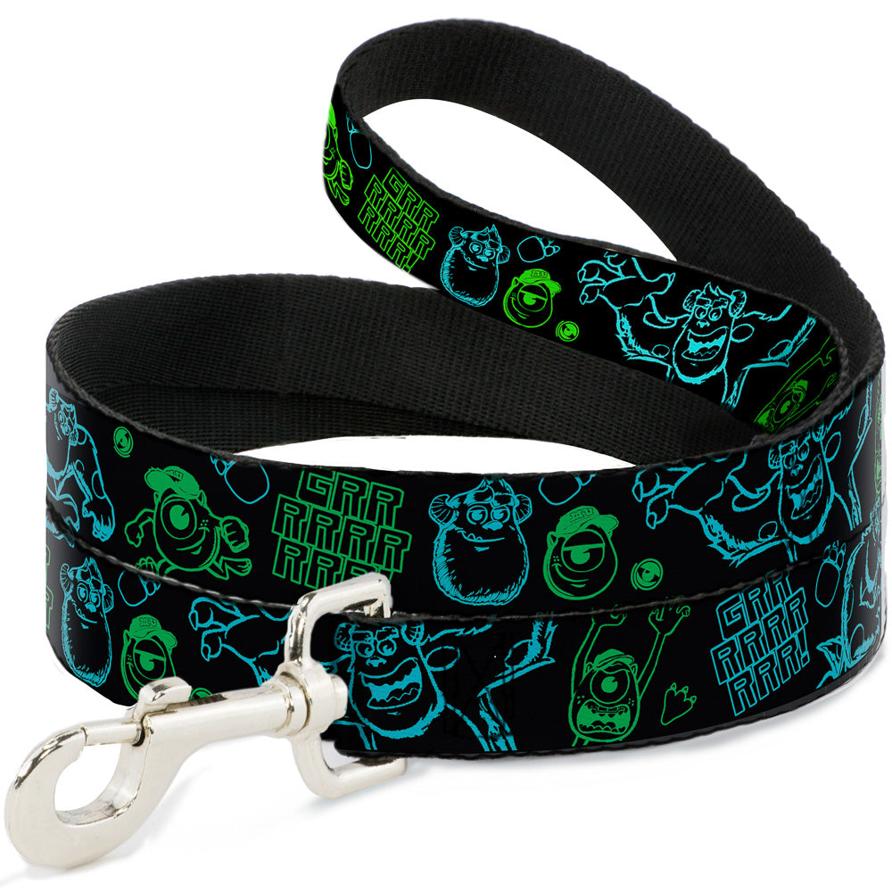 Dog Leash - Monsters Inc. Sully & Mike Poses/GRRRRR! Black/Turquoise/Green Dog Leashes Disney