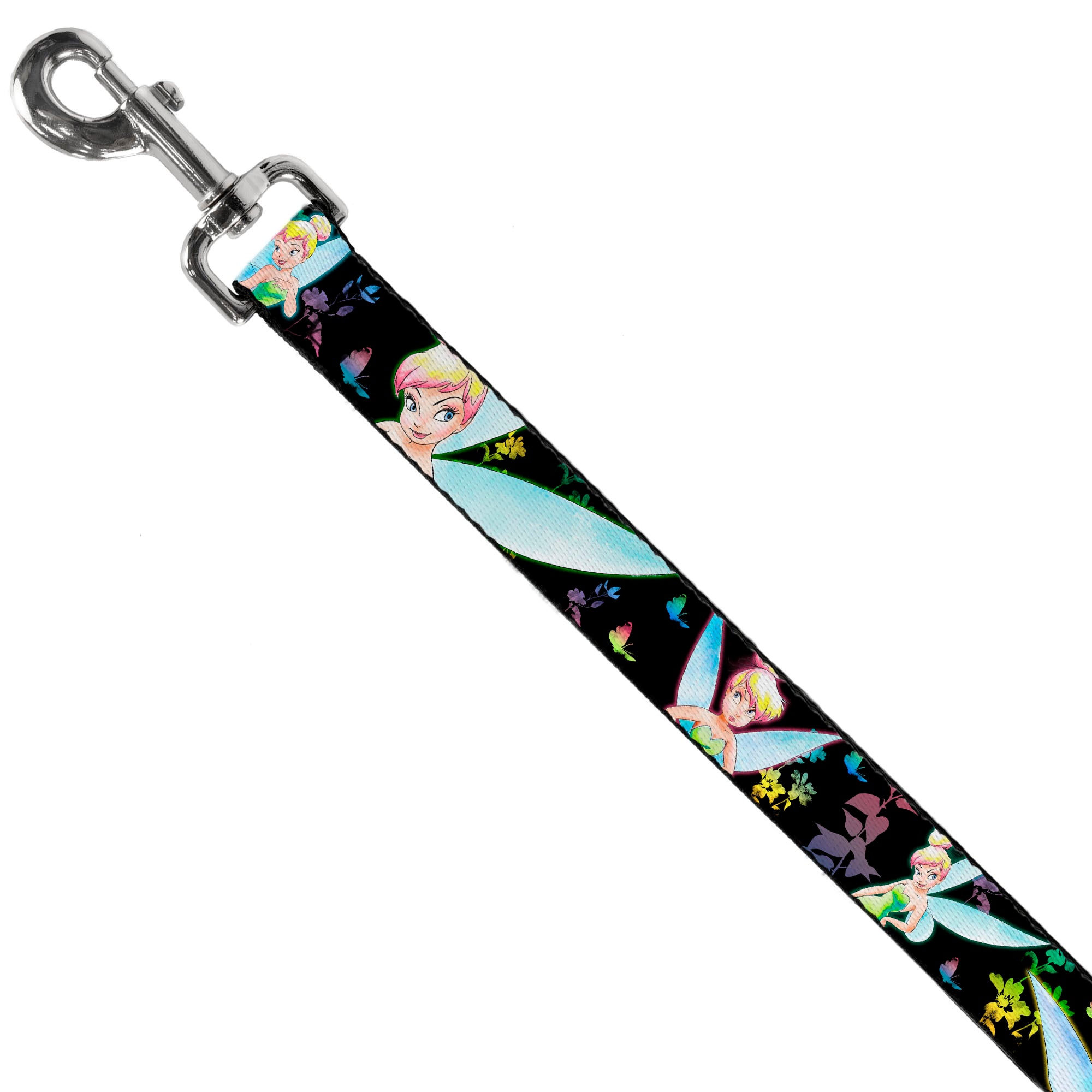 Dog Leash - Glowing Tinker Bell Poses/Butterflies & Flowers Black/Multi Neon Dog Leashes Disney