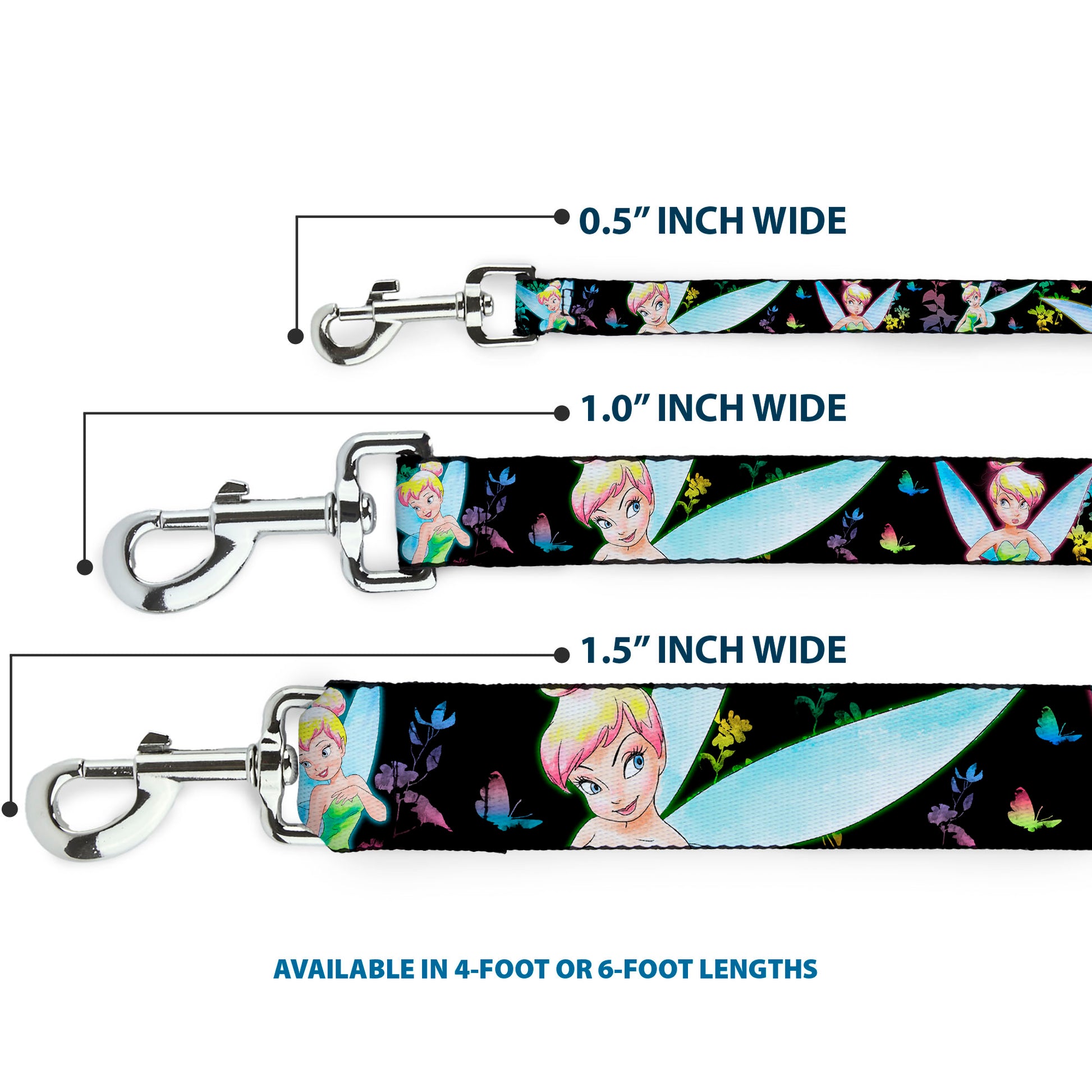 Dog Leash - Glowing Tinker Bell Poses/Butterflies & Flowers Black/Multi Neon Dog Leashes Disney