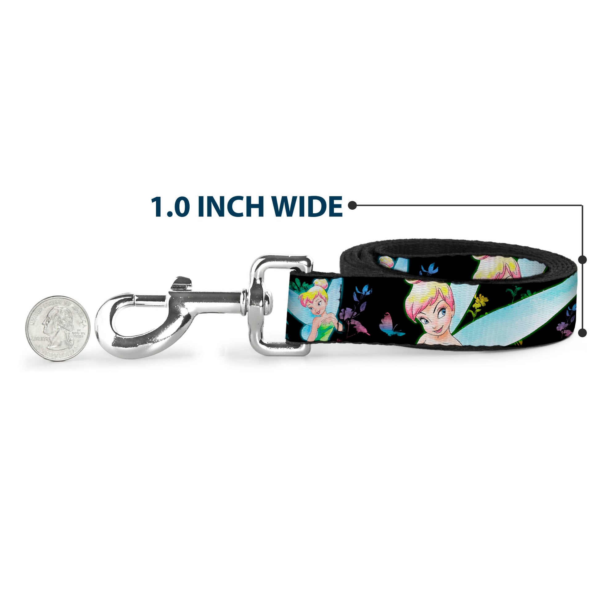 Dog Leash - Glowing Tinker Bell Poses/Butterflies & Flowers Black/Multi Neon Dog Leashes Disney