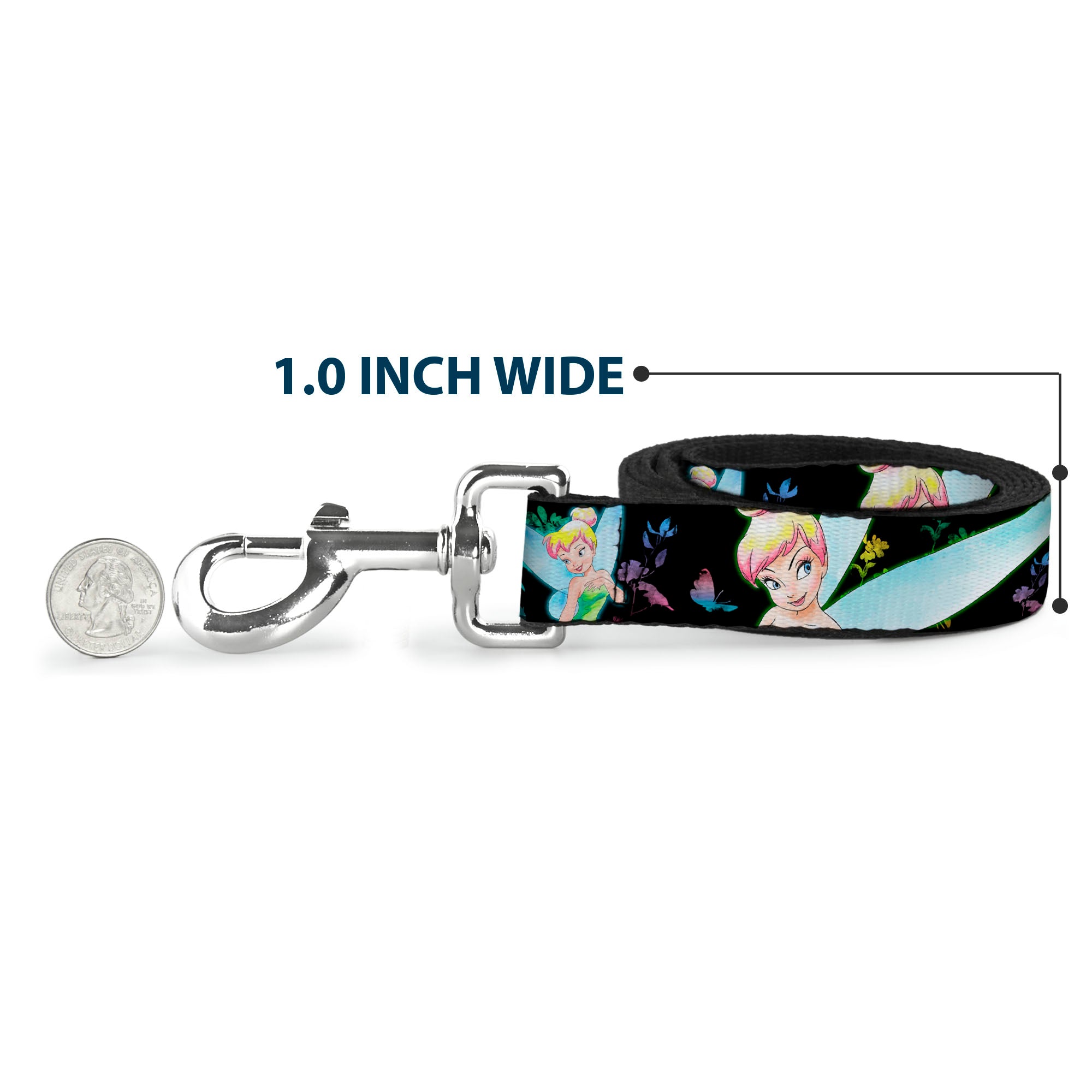 Dog Leash - Glowing Tinker Bell Poses/Butterflies & Flowers Black/Multi Neon Dog Leashes Disney
