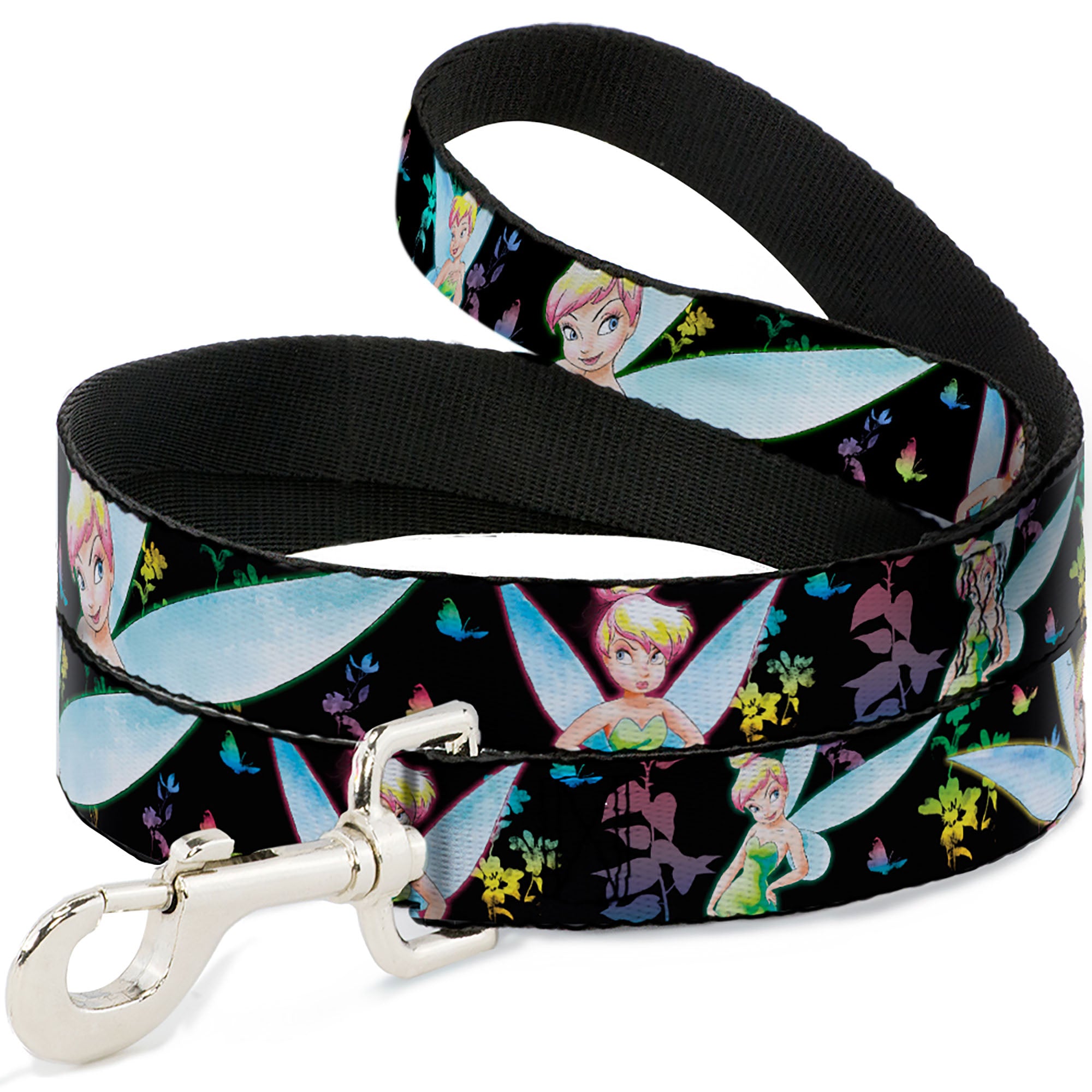 Dog Leash - Glowing Tinker Bell Poses/Butterflies & Flowers Black/Multi Neon Dog Leashes Disney