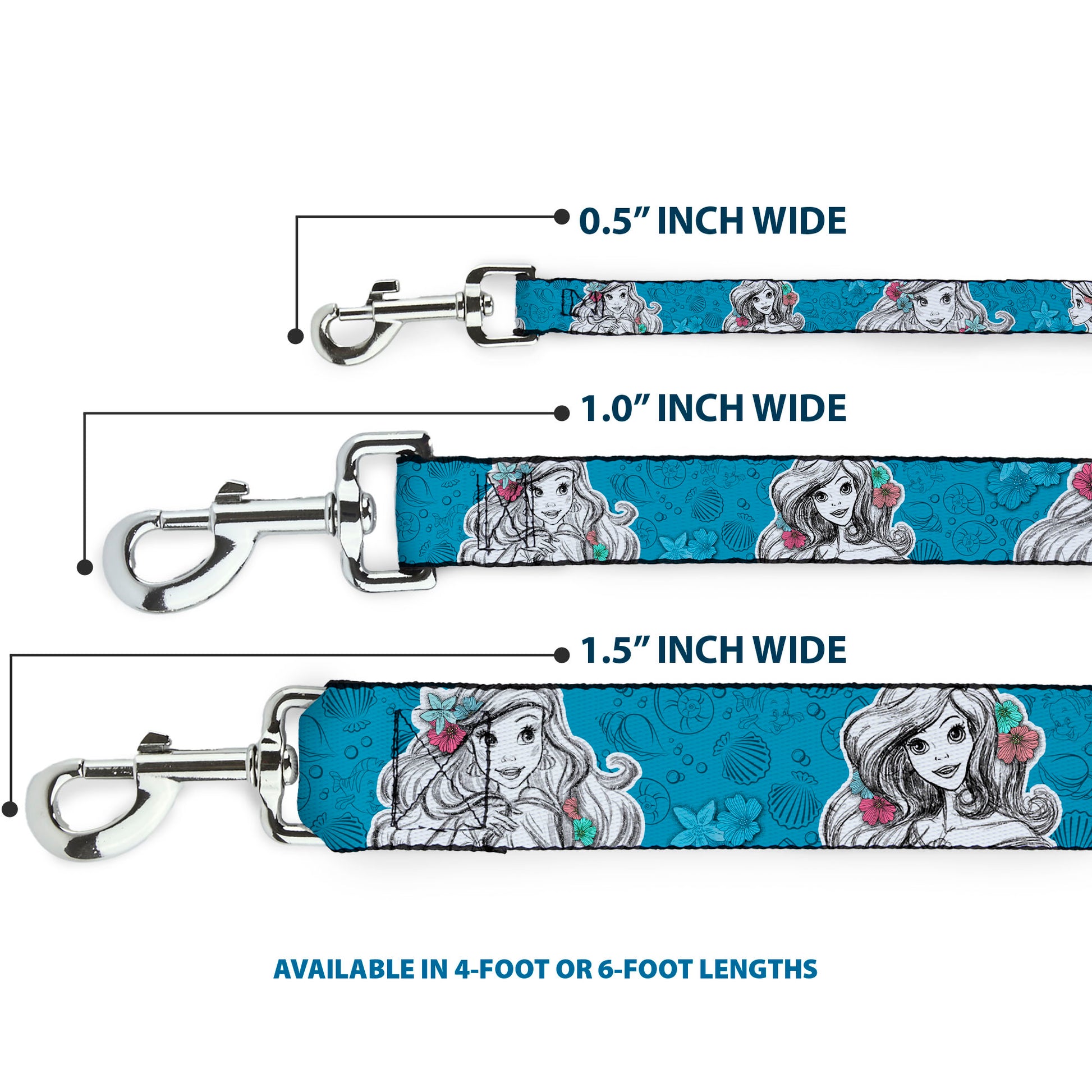 Dog Leash - Ariel Poses/Shells Sketch Blue/White Dog Leashes Disney