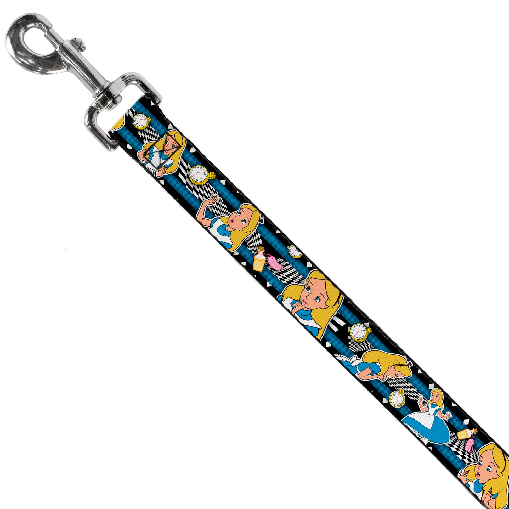 Dog Leash - Alice in Wonderland Poses/Clock/Bottle Diamond/Stripe Black/White/Blues Dog Leashes Disney