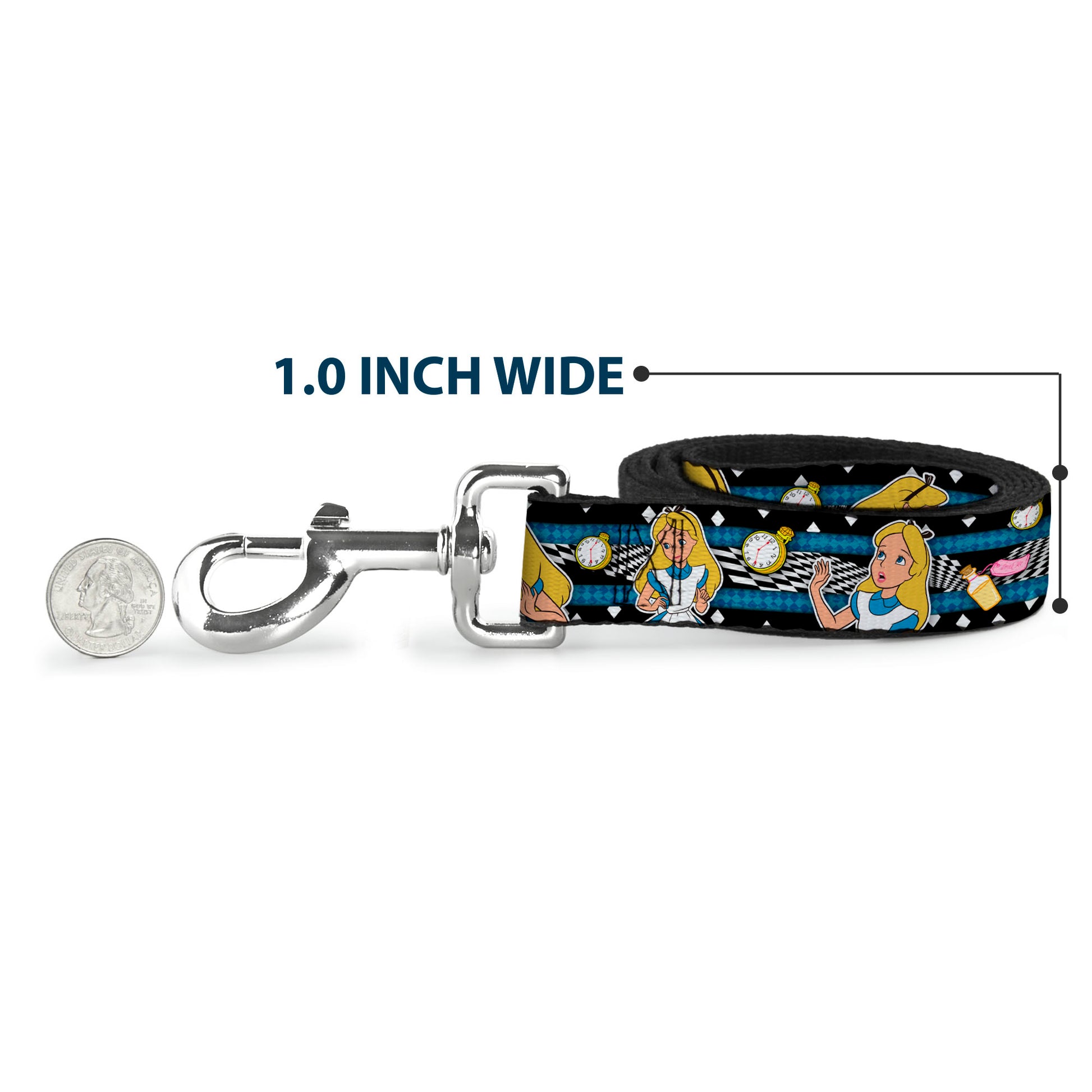 Dog Leash - Alice in Wonderland Poses/Clock/Bottle Diamond/Stripe Black/White/Blues Dog Leashes Disney