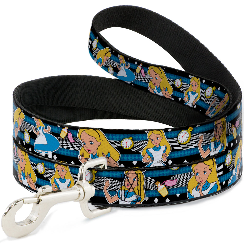 Dog Leash - Alice in Wonderland Poses/Clock/Bottle Diamond/Stripe Black/White/Blues Dog Leashes Disney