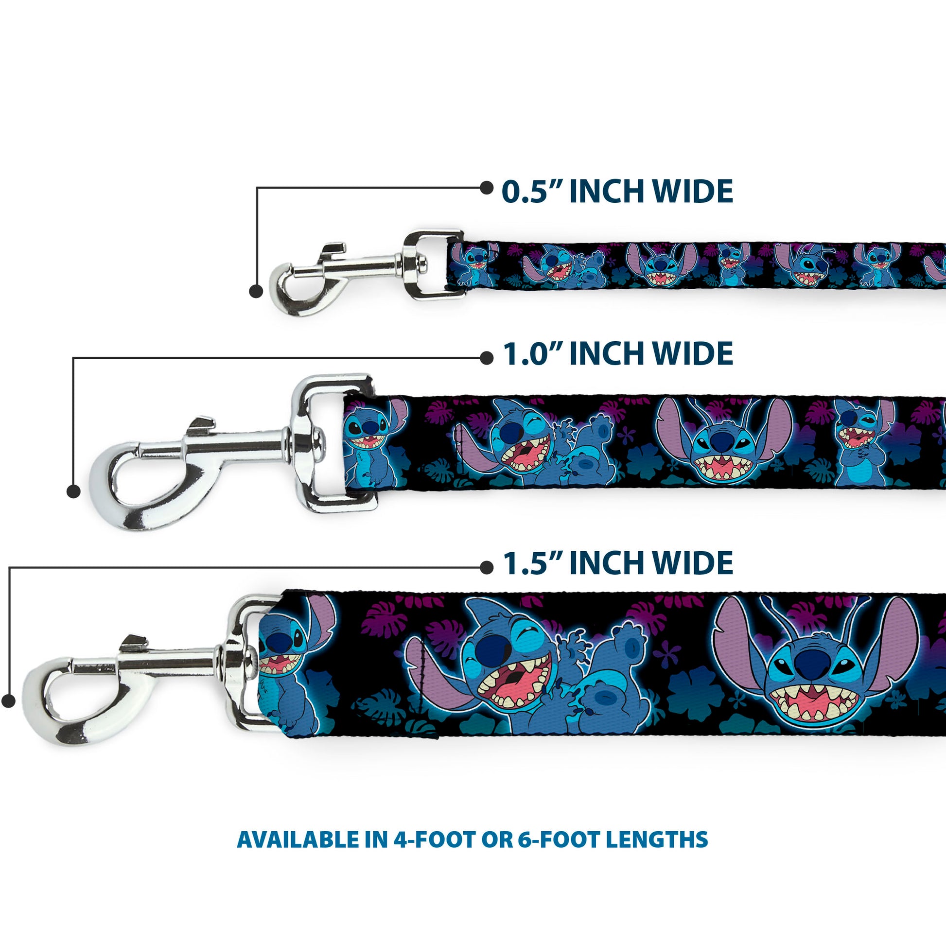 Dog Leash - Stitch 2-Expressions/2-Poses Tropical Flora Black/Purple-Blue Fade Dog Leashes Disney