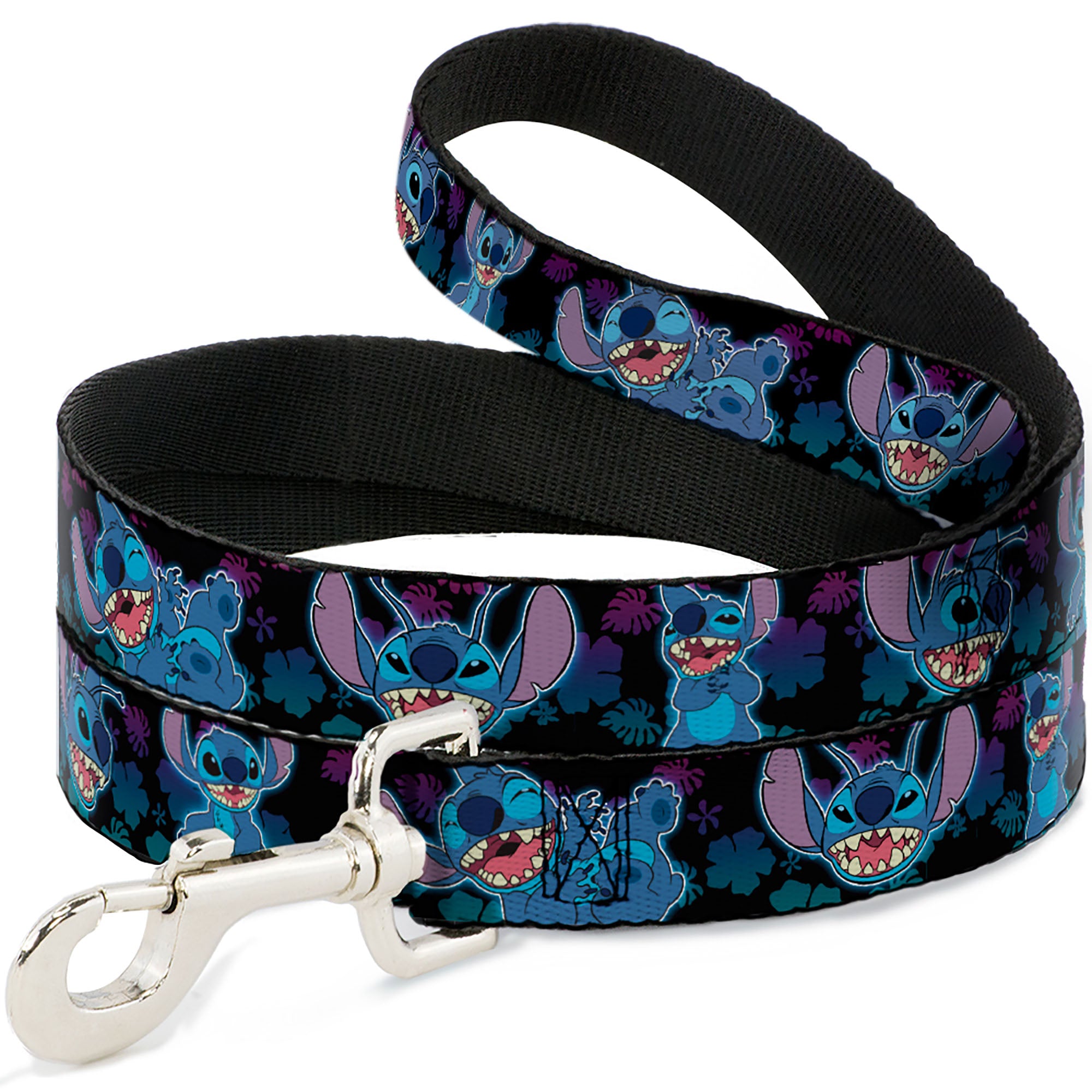Dog Leash - Stitch 2-Expressions/2-Poses Tropical Flora Black/Purple-Blue Fade Dog Leashes Disney