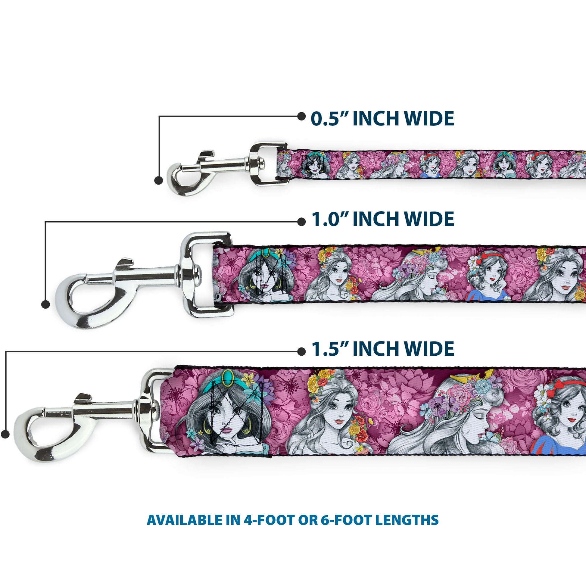 Dog Leash - Princess Sketch Poses/Floral Collage Pinks/Grays Dog Leashes Disney