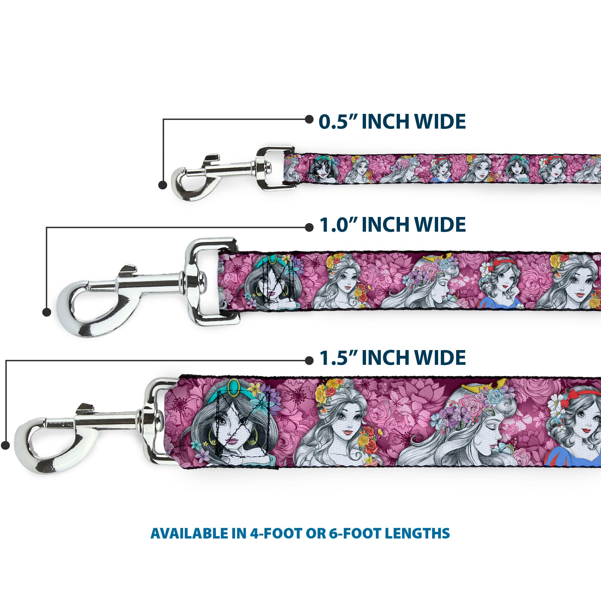 Dog Leash - Princess Sketch Poses/Floral Collage Pinks/Grays Dog Leashes Disney