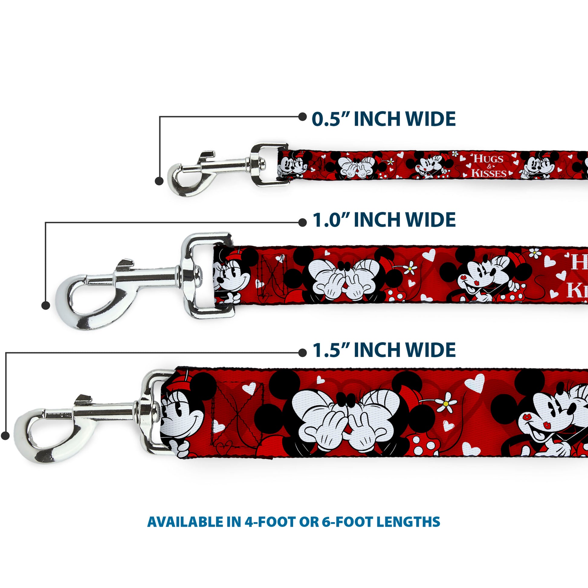Dog Leash - Mickey & Minnie HUGS & KISSES Poses Reds/White Dog Leashes Disney