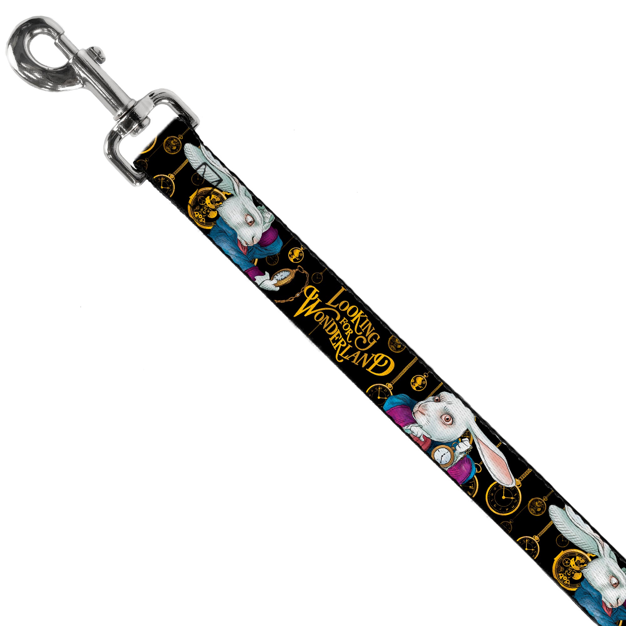Dog Leash - White Rabbit Poses LOOKING FOR WONDERLAND/Clocks Black/Golds Dog Leashes Disney
