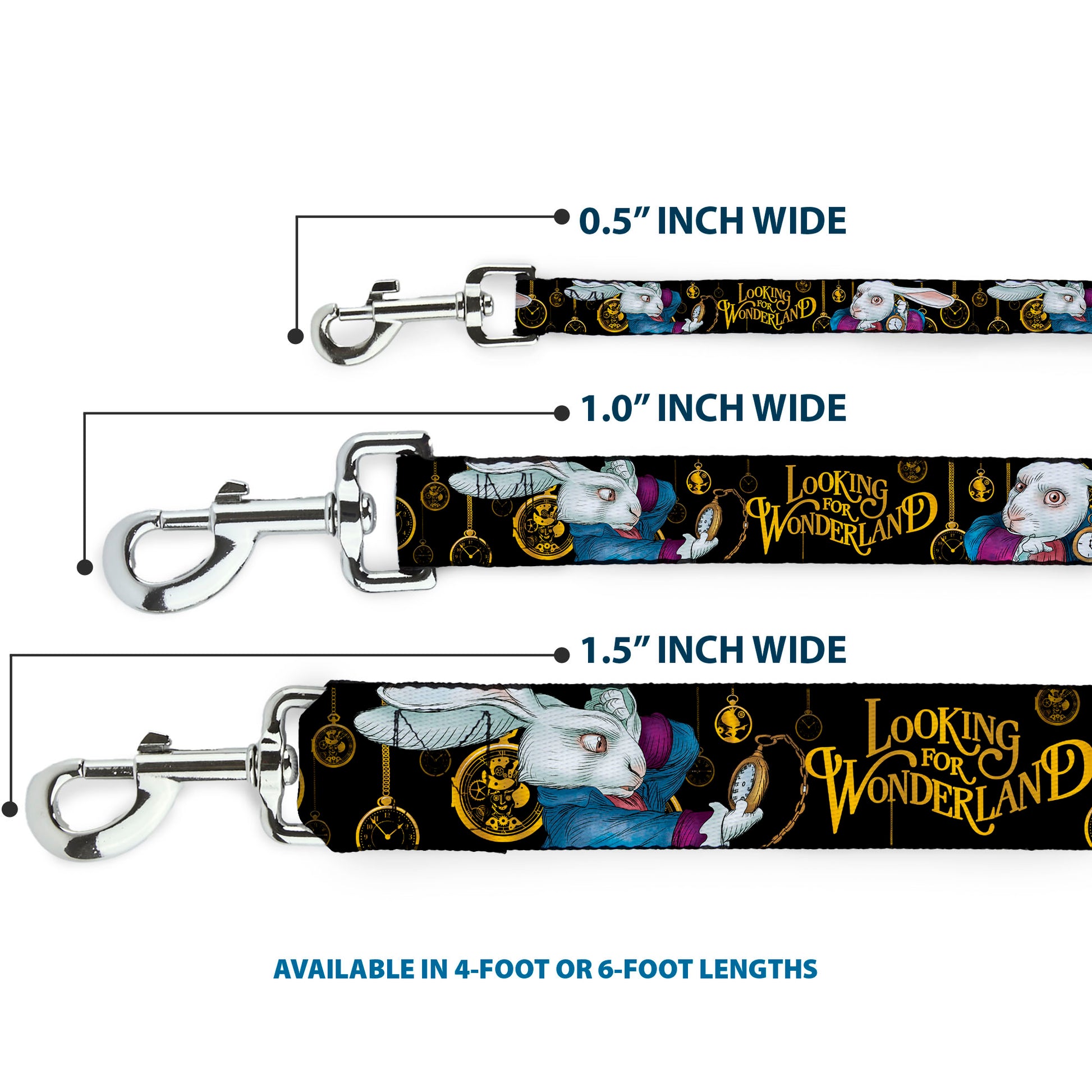 Dog Leash - White Rabbit Poses LOOKING FOR WONDERLAND/Clocks Black/Golds Dog Leashes Disney