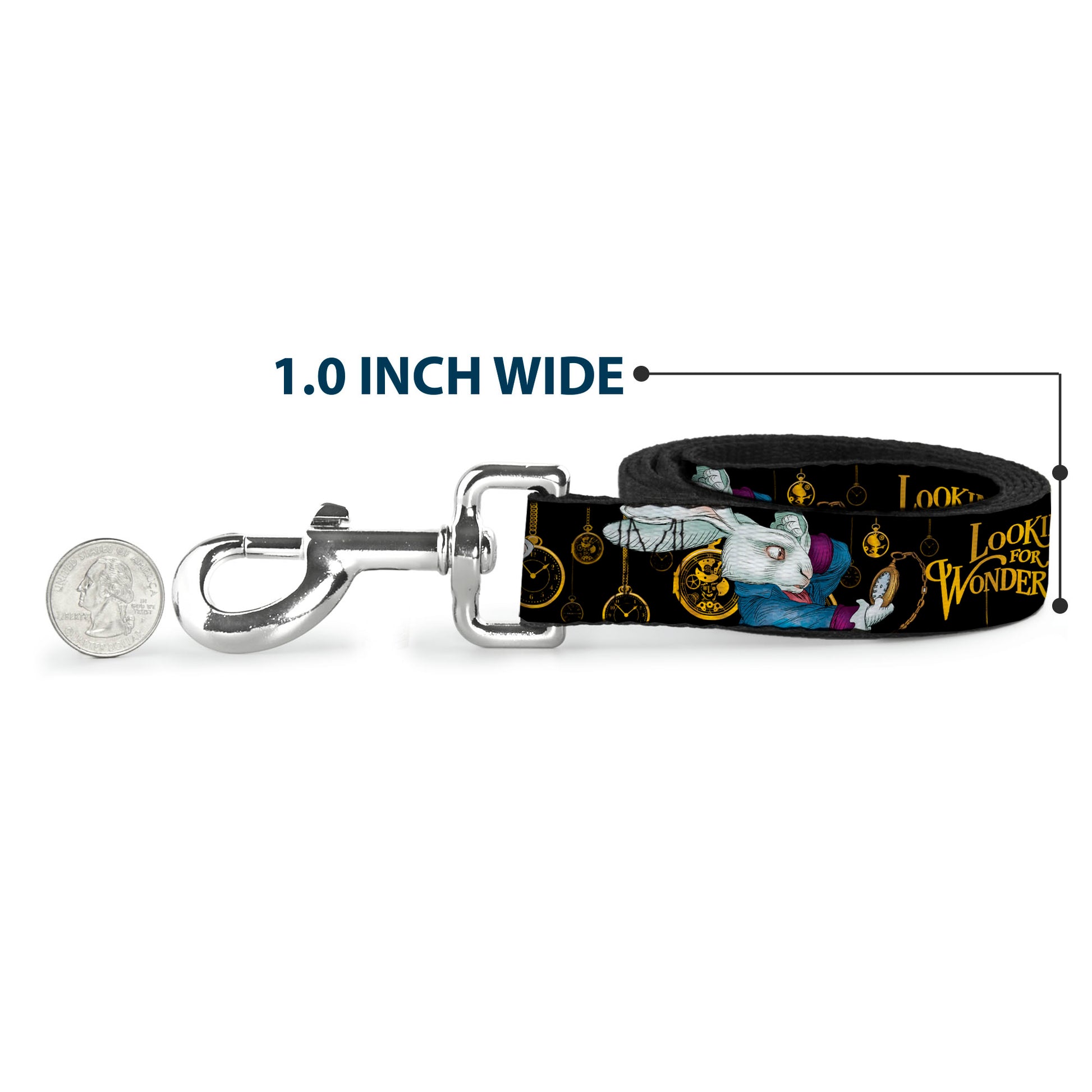 Dog Leash - White Rabbit Poses LOOKING FOR WONDERLAND/Clocks Black/Golds Dog Leashes Disney