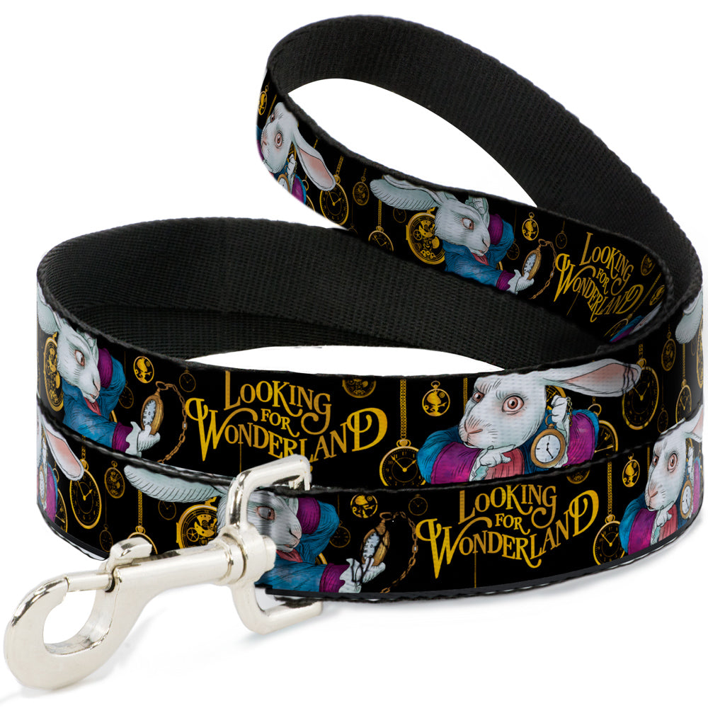 Dog Leash - White Rabbit Poses LOOKING FOR WONDERLAND/Clocks Black/Golds Dog Leashes Disney
