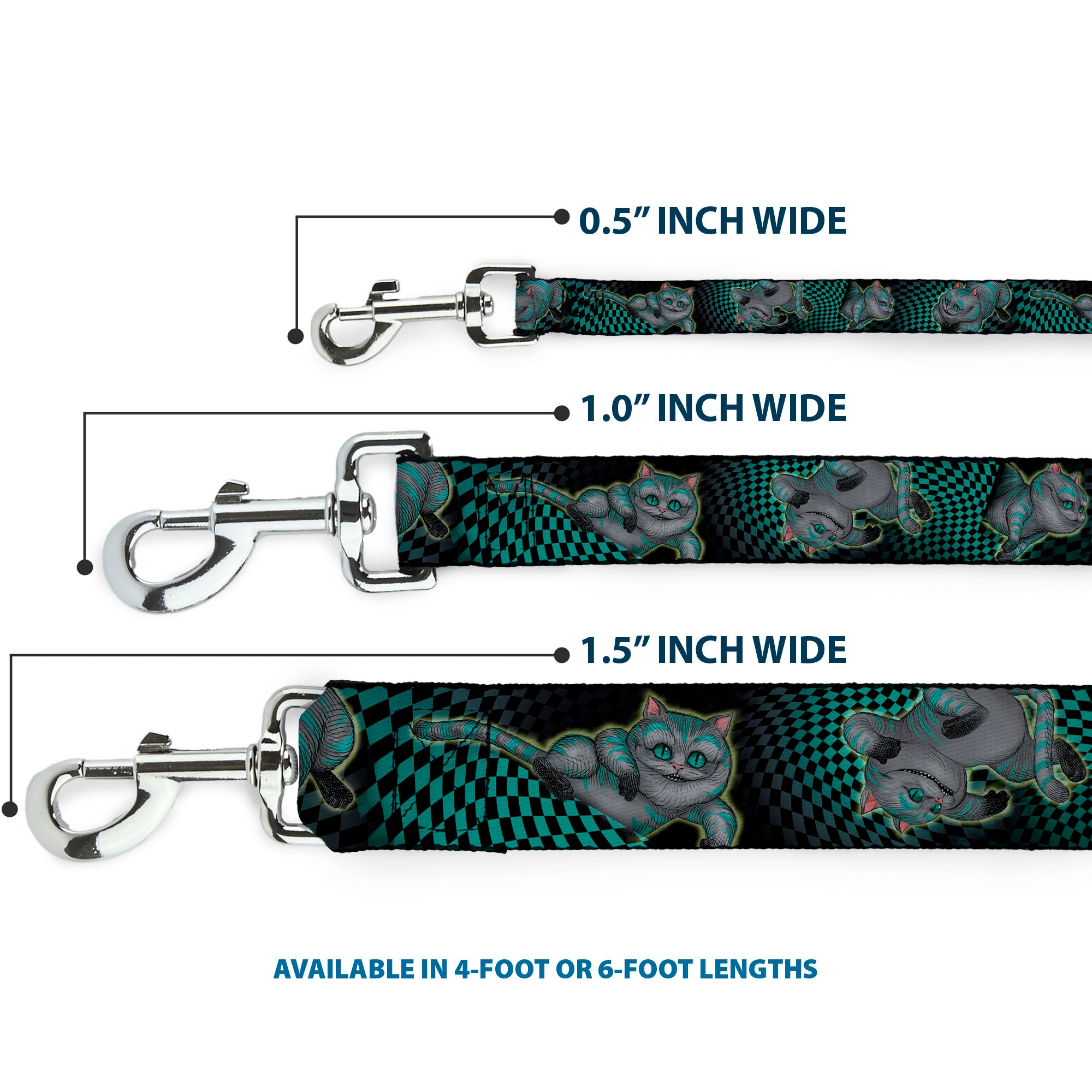 Dog Leash - Cheshire Cat 4-Poses Checkers Teal/Black Dog Leashes Disney