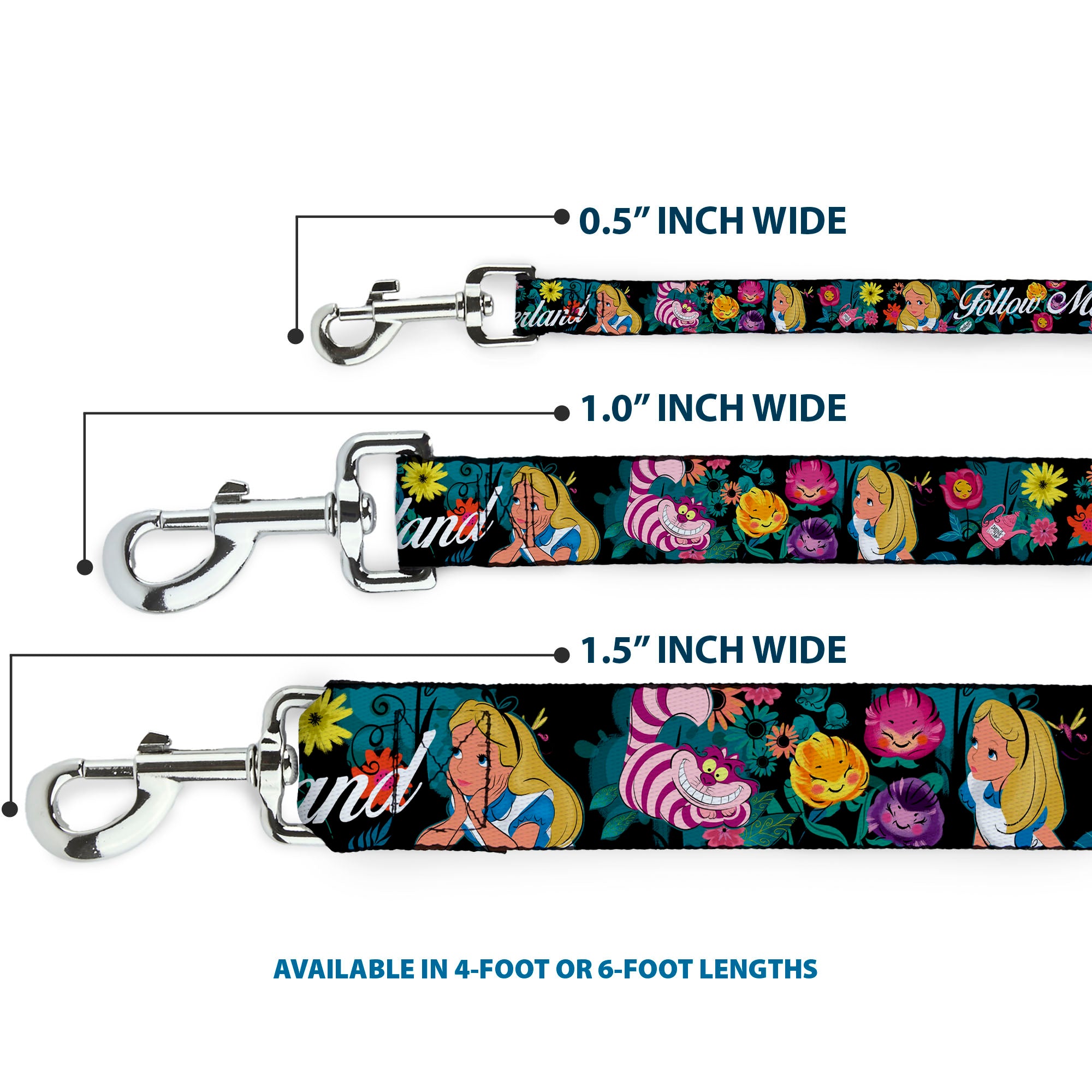 Dog Leash - Alice/Cheshire Cat/Flowers Poses2/FOLLOW ME TO WONDERLAND Black/Multi Color/White Dog Leashes Disney