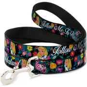 Dog Leash - Alice/Cheshire Cat/Flowers Poses2/FOLLOW ME TO WONDERLAND Black/Multi Color/White Dog Leashes Disney