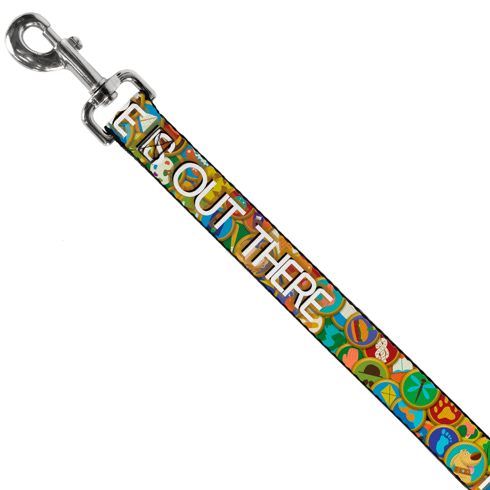Dog Leash - ADVENTURE IS OUT THERE/Stacked Wilderness Explorer Badges Tan/Multi Color/White Dog Leashes Disney