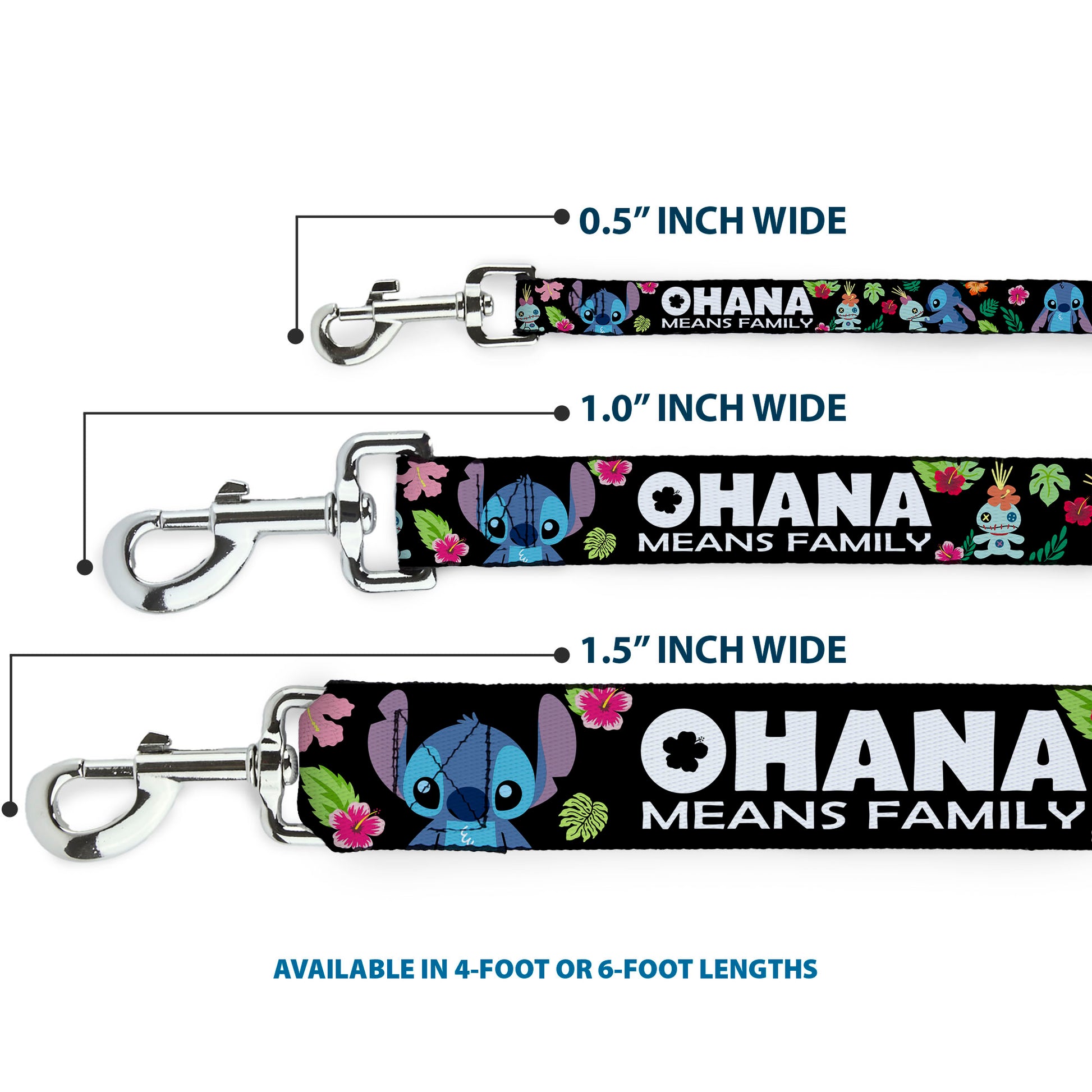 Dog Leash - OHANA MEANS FAMILY/Stitch & Scrump Poses/Tropical Flora Black/White/Multi Color Dog Leashes Disney