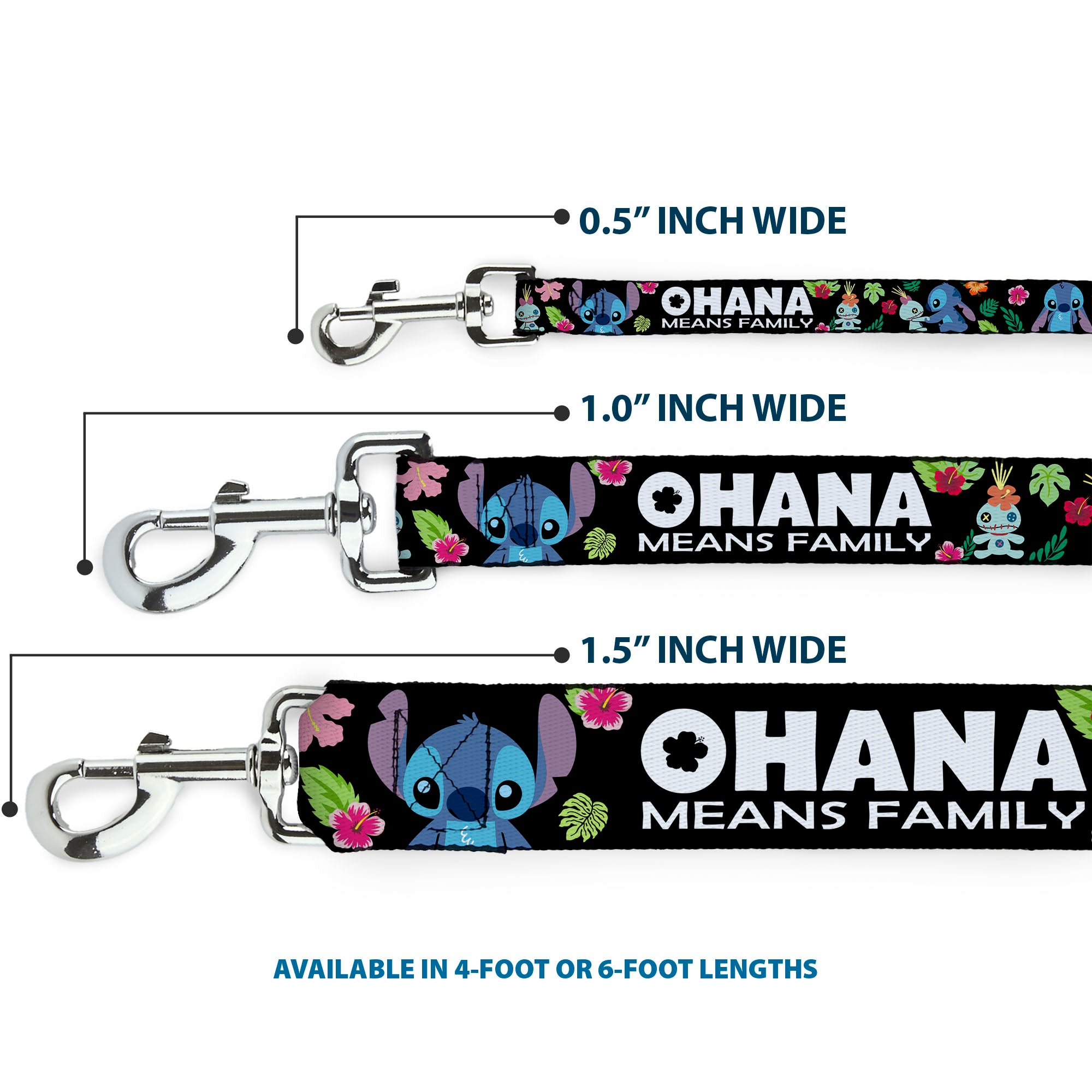 Dog Leash - OHANA MEANS FAMILY/Stitch & Scrump Poses/Tropical Flora Black/White/Multi Color Dog Leashes Disney