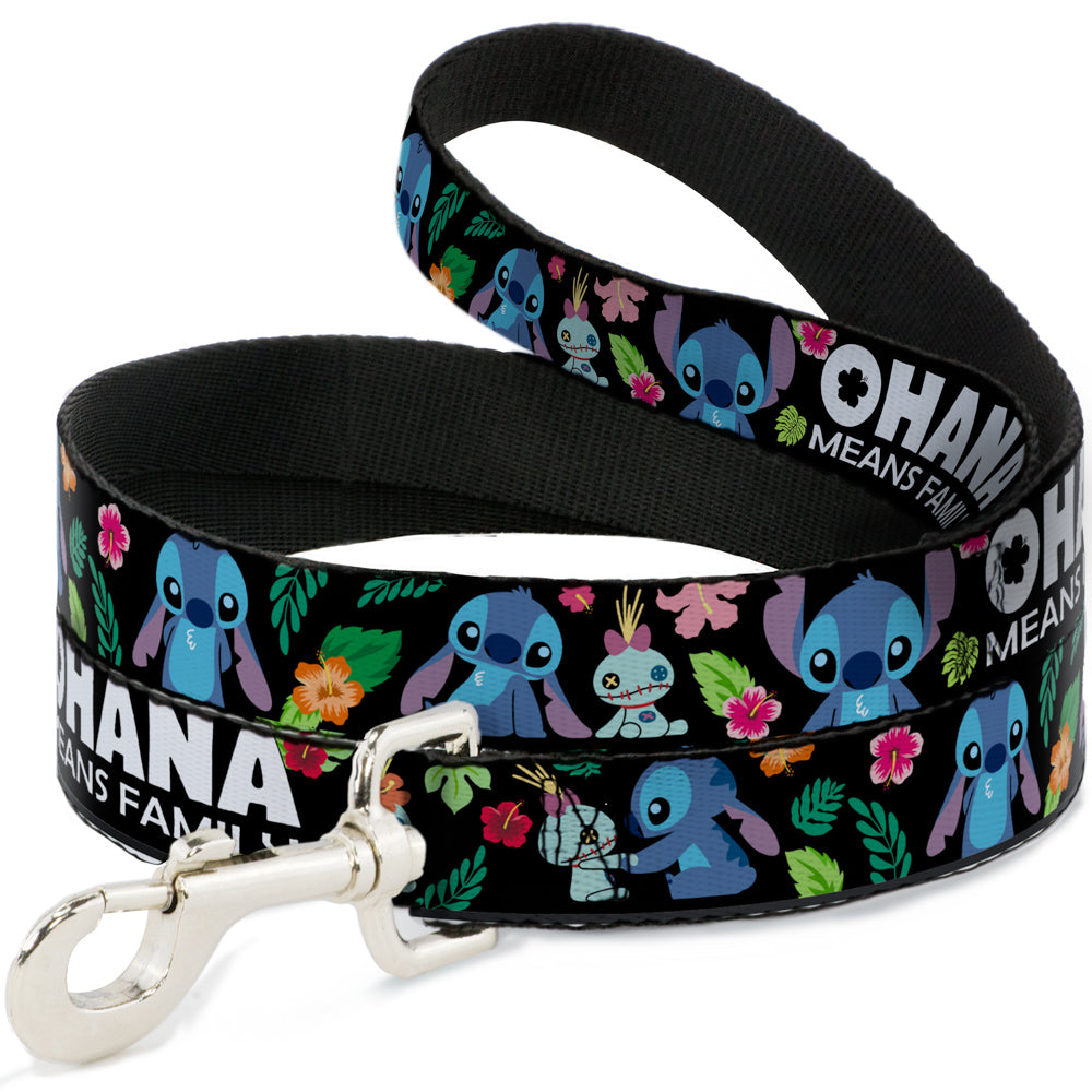 Dog Leash - OHANA MEANS FAMILY/Stitch & Scrump Poses/Tropical Flora Black/White/Multi Color Dog Leashes Disney