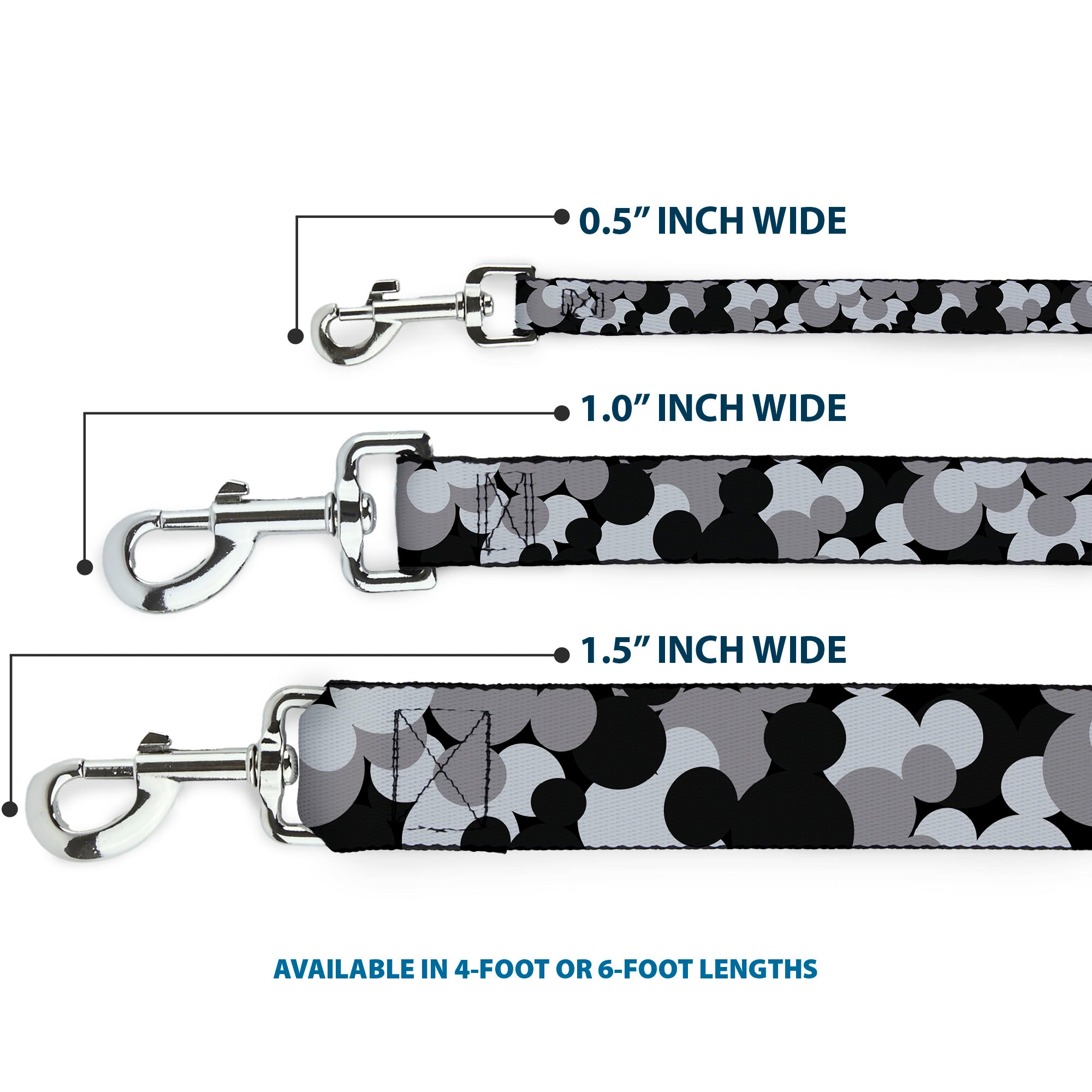 Dog Leash - Mickey Mouse Head Stacked Black/Grays Dog Leashes Disney