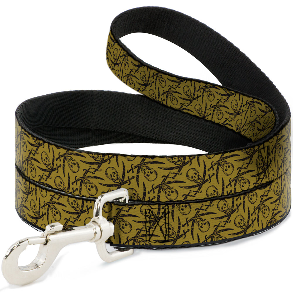 Dog Leash - Pirates Skull & Crossed Swords Scattered Weathered Tan/Black Dog Leashes Disney