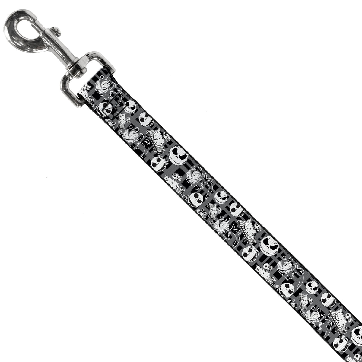 Dog Leash - Nightmare Before Christmas Jack Expressions/Scary Teddy/Killer Duck Collage2 Plaid Black/Gray/White Dog Leashes Disney