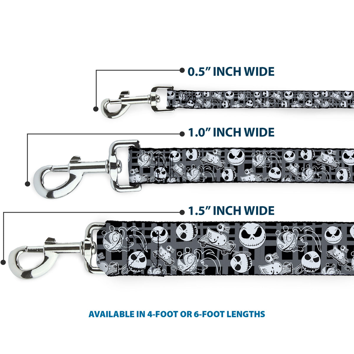 Dog Leash - Nightmare Before Christmas Jack Expressions/Scary Teddy/Killer Duck Collage2 Plaid Black/Gray/White Dog Leashes Disney