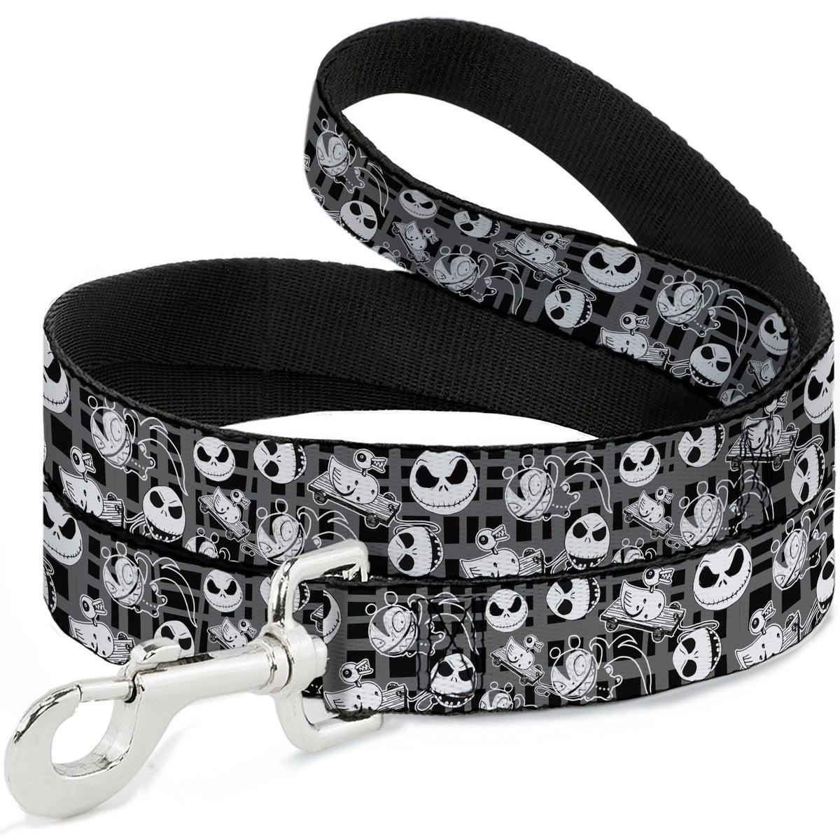 Dog Leash - Nightmare Before Christmas Jack Expressions/Scary Teddy/Killer Duck Collage2 Plaid Black/Gray/White Dog Leashes Disney