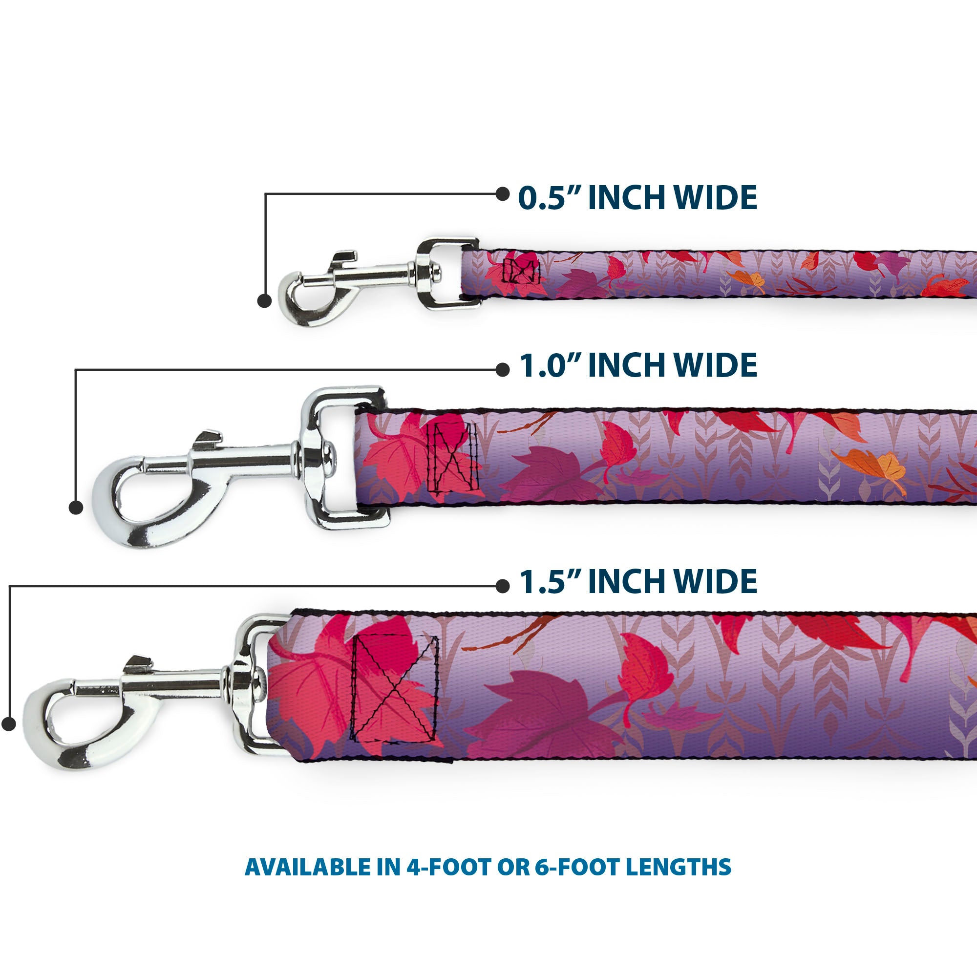 Dog Leash - Frozen II Swirling Leaves/Floral Trim Purples/Reds Dog Leashes Disney